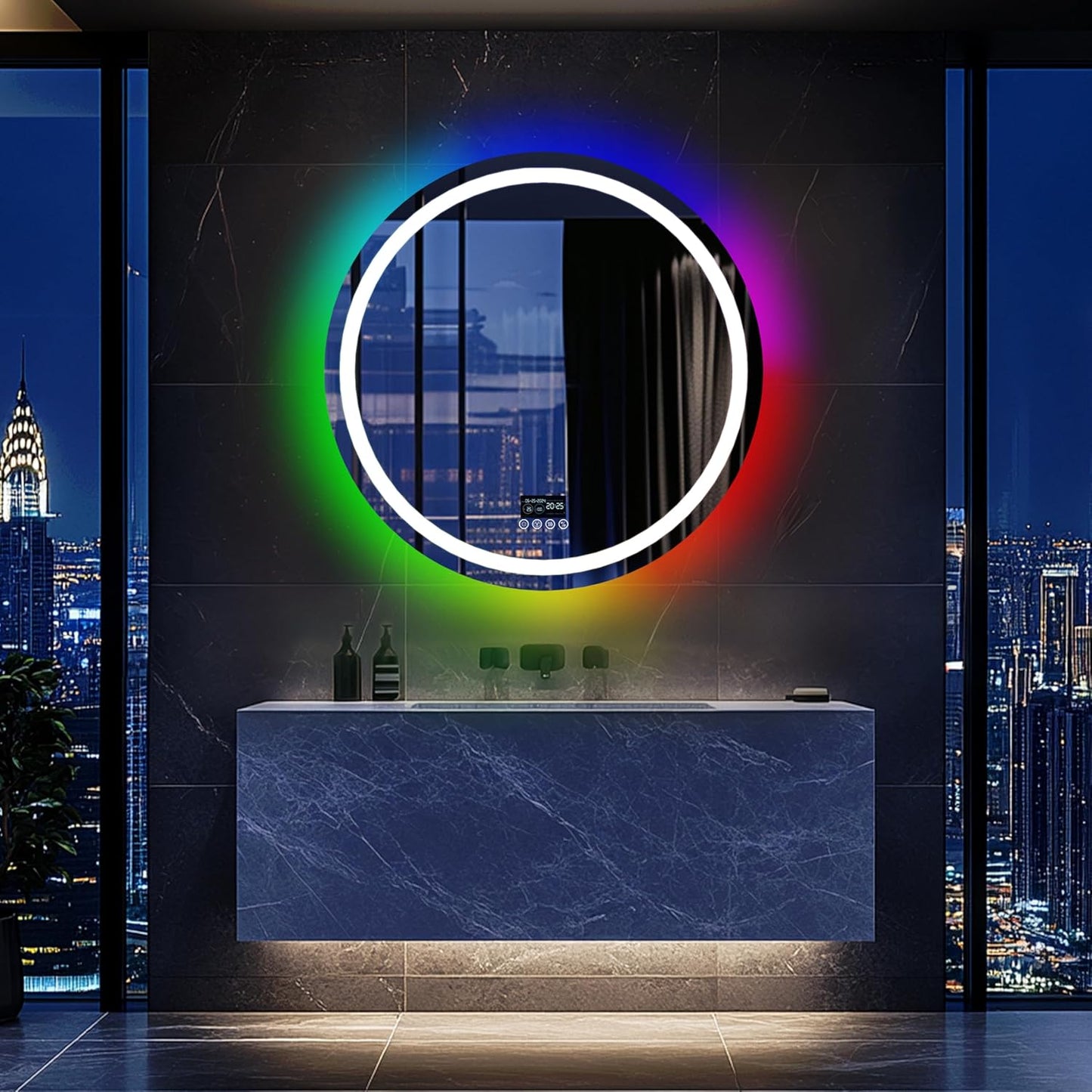 Front Lighted RGB Backlit Bluetooth Mirror: 32 Inch round Dimmable 11 Colors Smart Anti-Fog Bathroom Mirrors with Bluetooth Speaker - Wall Mounted LED Mirror with Digital Display