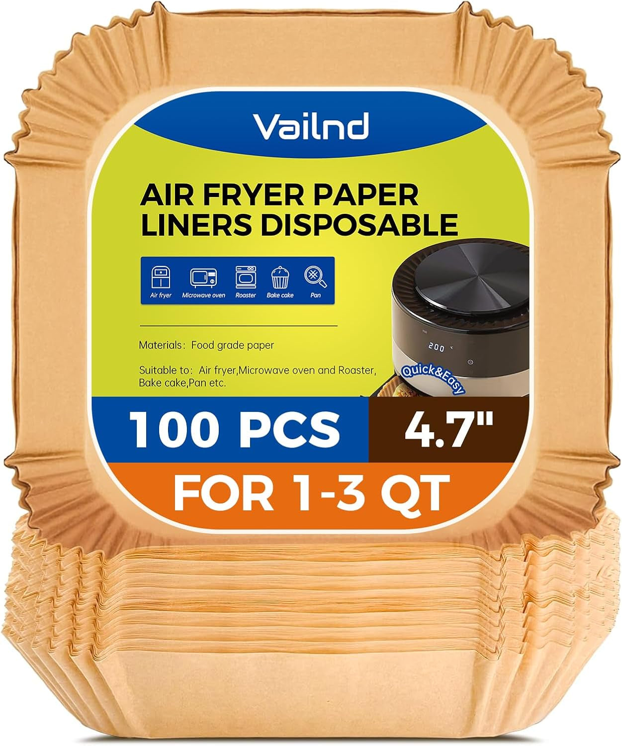 Air Fryer Paper Liners, 125Pcs Parchment Paper, Air Fryer Liner Disposable for Microwave, Non-Stick Air Fryer Liners Square Free of Bleach (8IN)