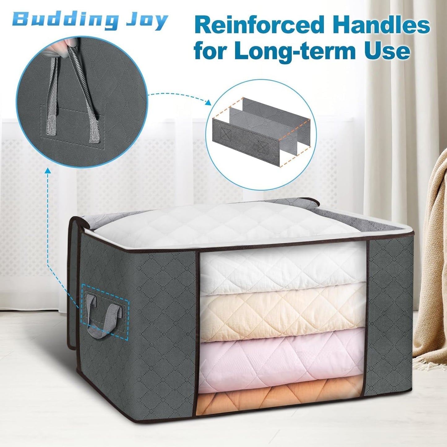 Clothes Storage, Foldable Large Storage Bags, Storage and Organization for Clothing, Blanket, Comforter, Clothes, Pillows, Toys, Closet Organizers with Enhanced Handle, 60L 6 Pack Gray