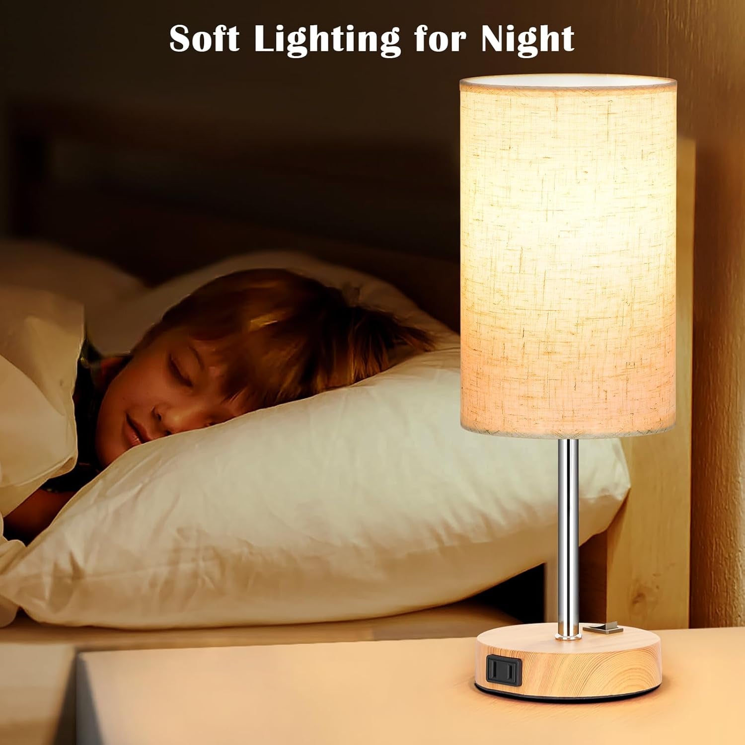 Table Lamp for Bedroom Set of 2, Bedside Small Lamps with 3 Way Dimmable Rocker Switch & AC Outlet, Nightstand Desk Lamp with Flaxen Fabric Shade Woodgrain Base for Living Room Home Decor Lights