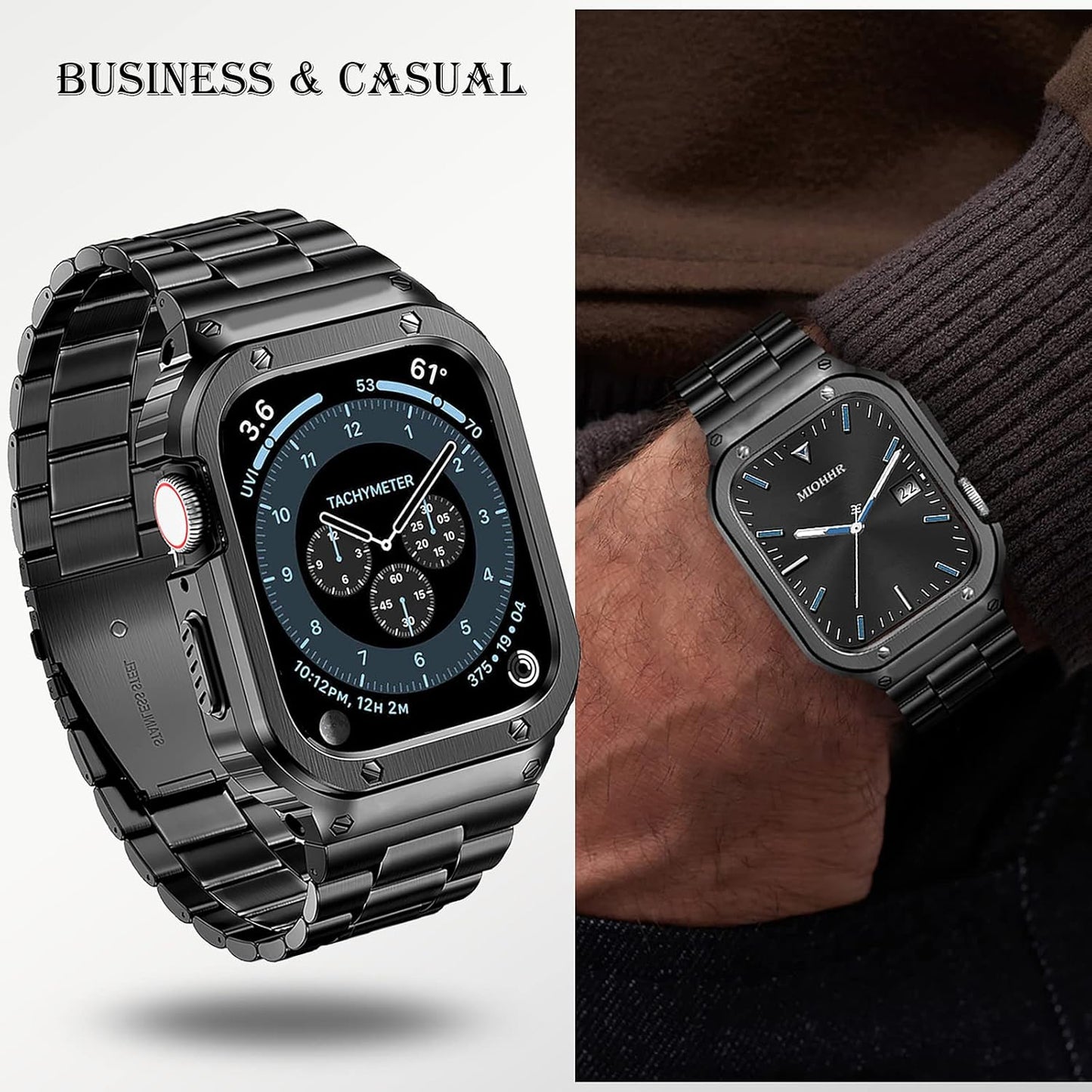 Stainless Steel Band and Case Compatible with Apple Watch Band 45Mm, Men Metal Protective Bumper Cover for Iwatch Series 9/8/7, Black
