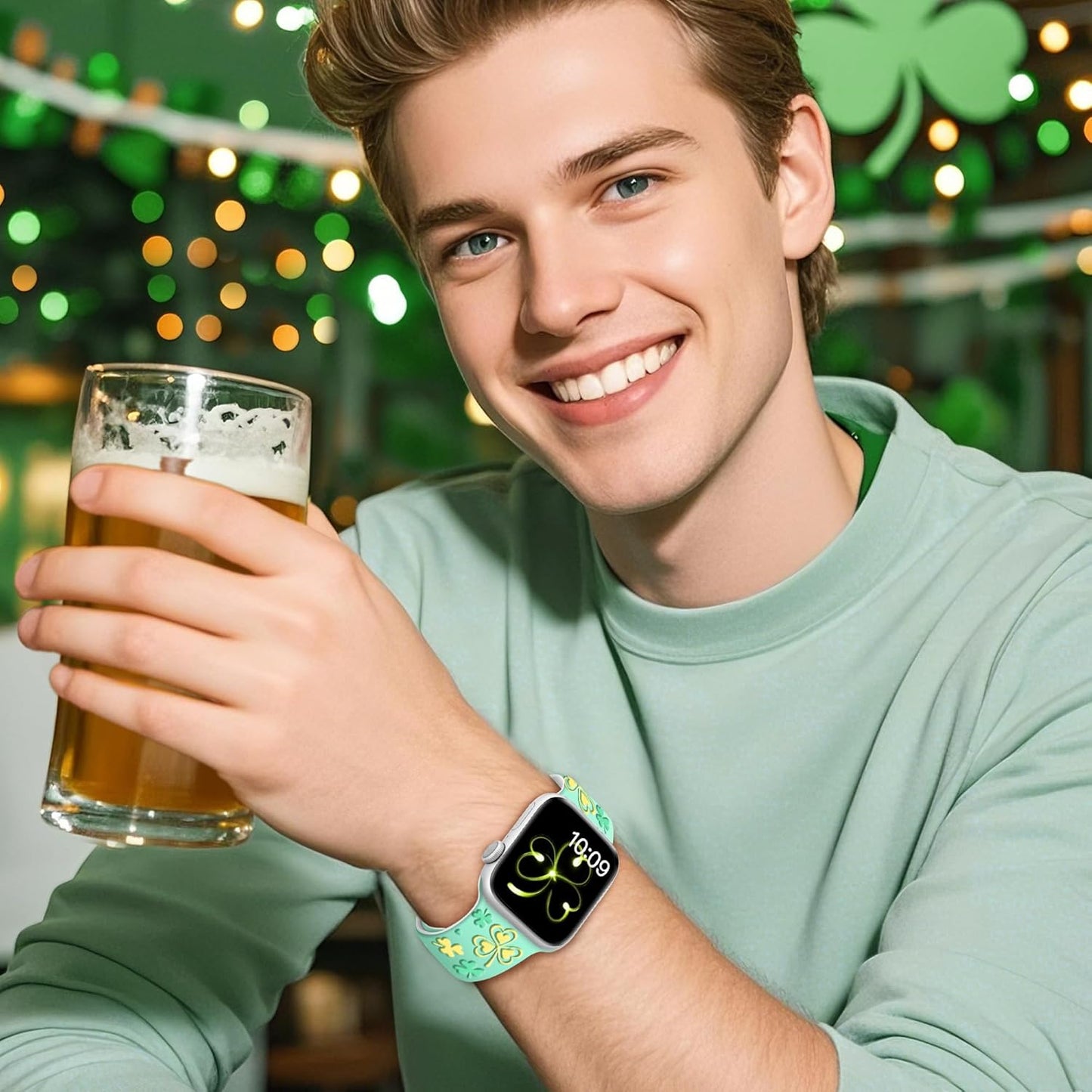 Shamrocks Lucky Clover Band for Apple Watch Bands for Women 42Mm 41Mm 40Mm 38Mm, St Patricks Day Cute Soft Silicone Iwatch Bands for Iphone Watch Bands Series 10 9 8 7 6 5 4 3 Se-Green(Yellow)