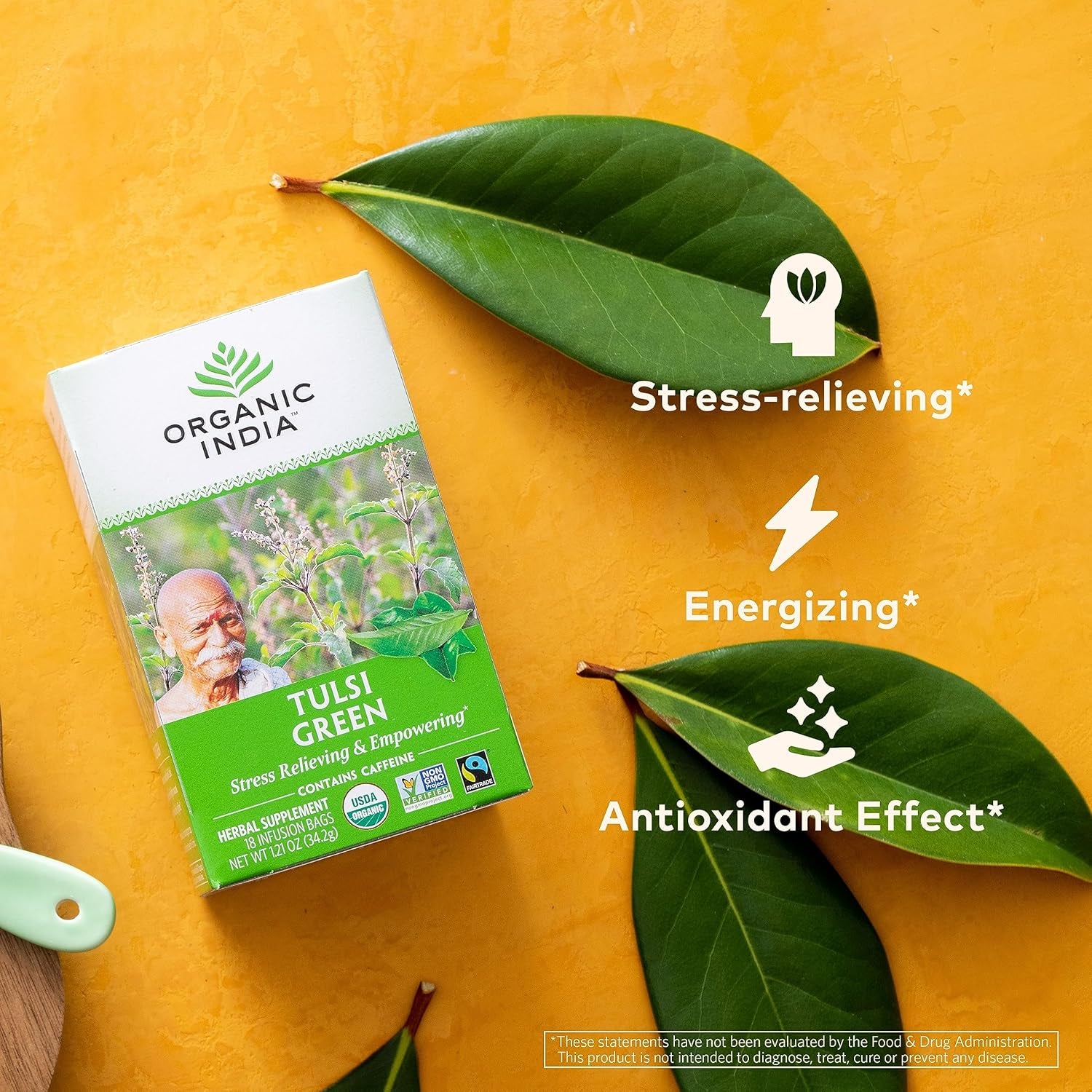 Tulsi Green Tea Bags - Holy Basil Tea, African Basil, Stress Relieving, Immune Support, USDA Certified Organic, Premium Darjeeling Green Tea, Caffeinated - 18 Infusion Bags, 1 Pack TLBH