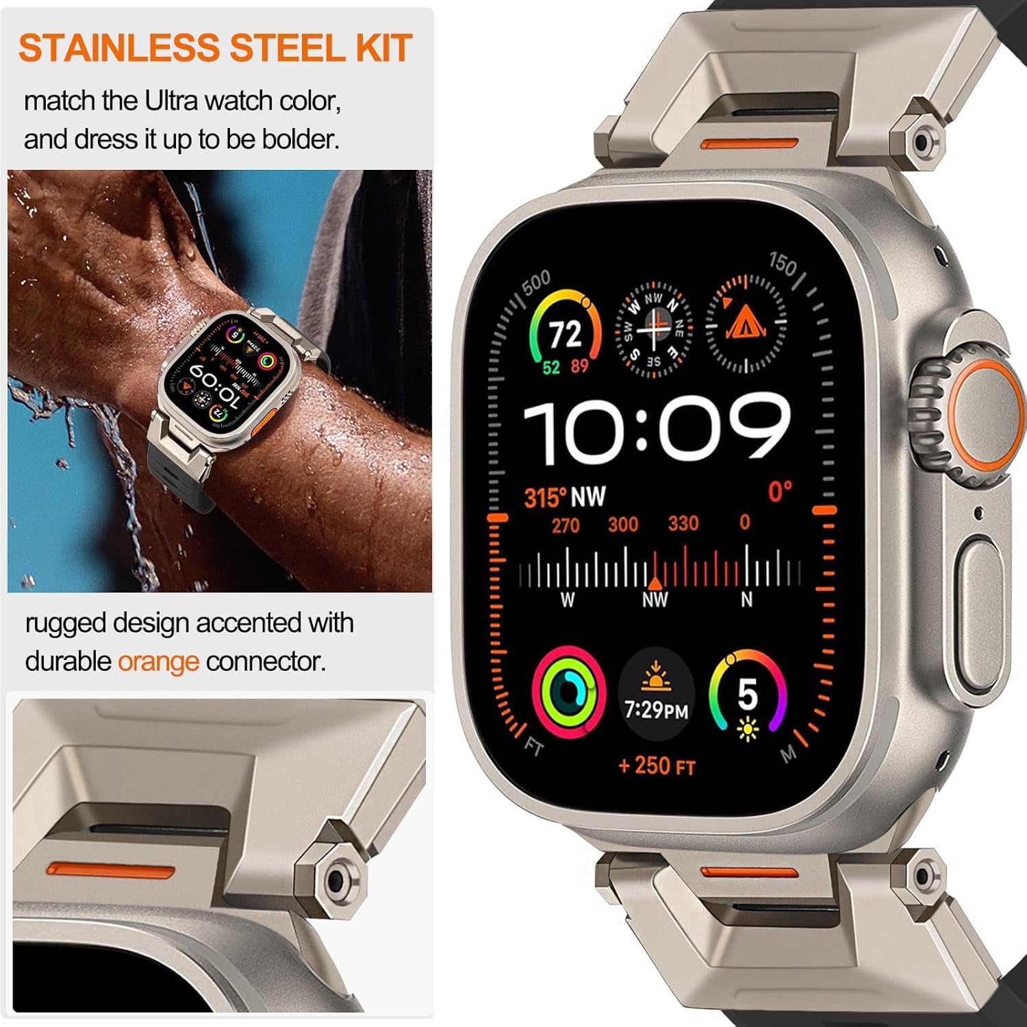 Band for Apple Watch Ultra 2 / Ultra 49Mm, Fluoro Rubber Watchband Stainless Steel Connector Kit Strap for Iwatch Apple Watch SE (2Nd Gen) Series 9 8 7 6 5 4 3 2 1 45Mm 44Mm 42Mm