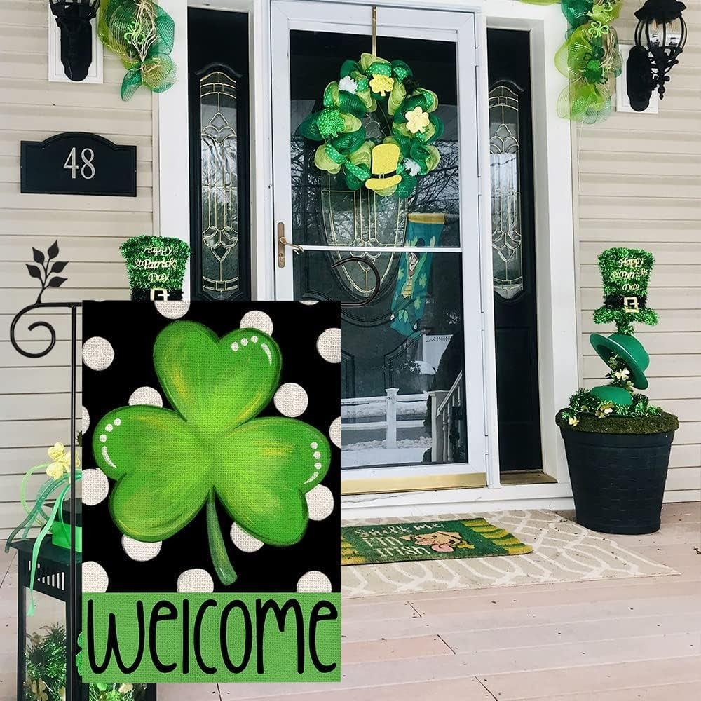 St Patricks Day Shamrock Garden Flag 12×18 Inch Double Sided Green Clover Small Burlap Welcome Polka Dots Holiday Yard Flag for Outside