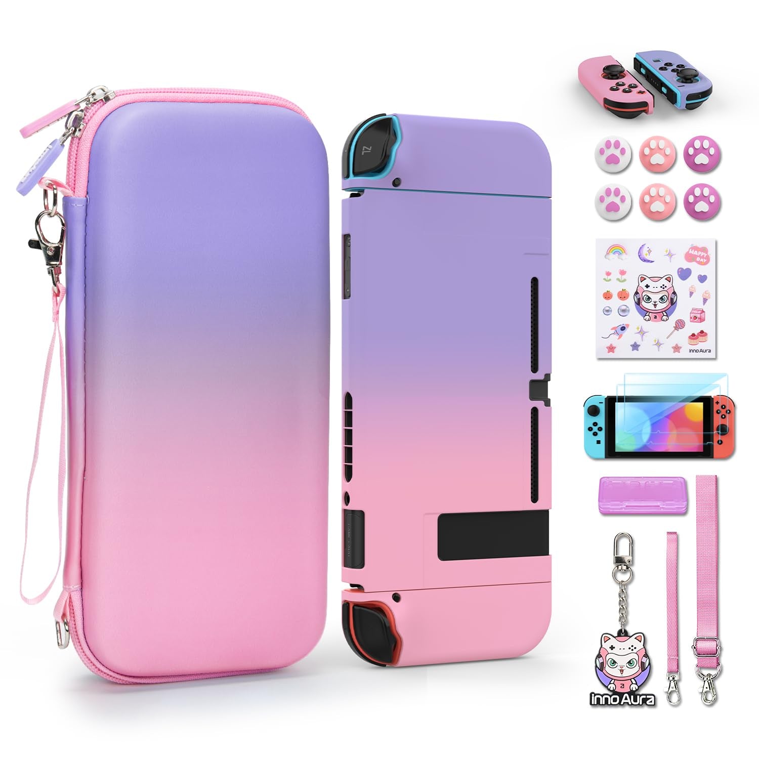 Switch Case for NS Switch, Innoaura 17 in 1 Switch Accessories Bundles with Switch Carrying Case, Switch Game Case, Switch Protective Case, Switch Screen Protector, Switch Thumb Caps (Mermaid Pink)