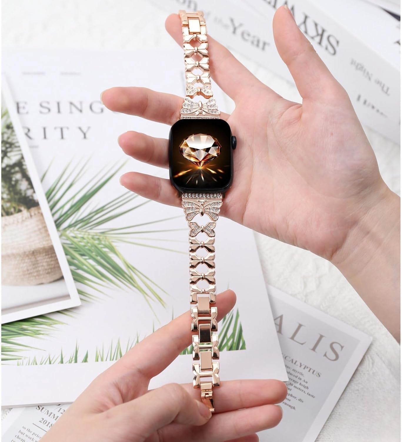 Butterfly Band Compatible with Apple Watch 42Mm 44Mm 45Mm for Women, for Apple Watch Models Ultra2/Se/9/8/7/6/5/4/3/2/1, Rose Gold