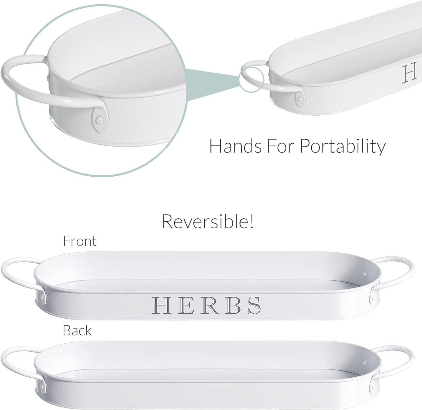 Indoor Herb Garden Planter Set with Tray, Metal Windowsill Plant Pots with Drainage for Outdoor or Indoor Plants, Set/3 (White)