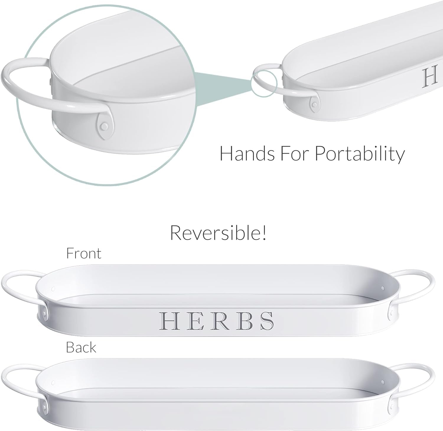 Indoor Herb Garden Planter Set with Tray, Metal Windowsill Plant Pots with Drainage for Outdoor or Indoor Plants, Set/3 (White)