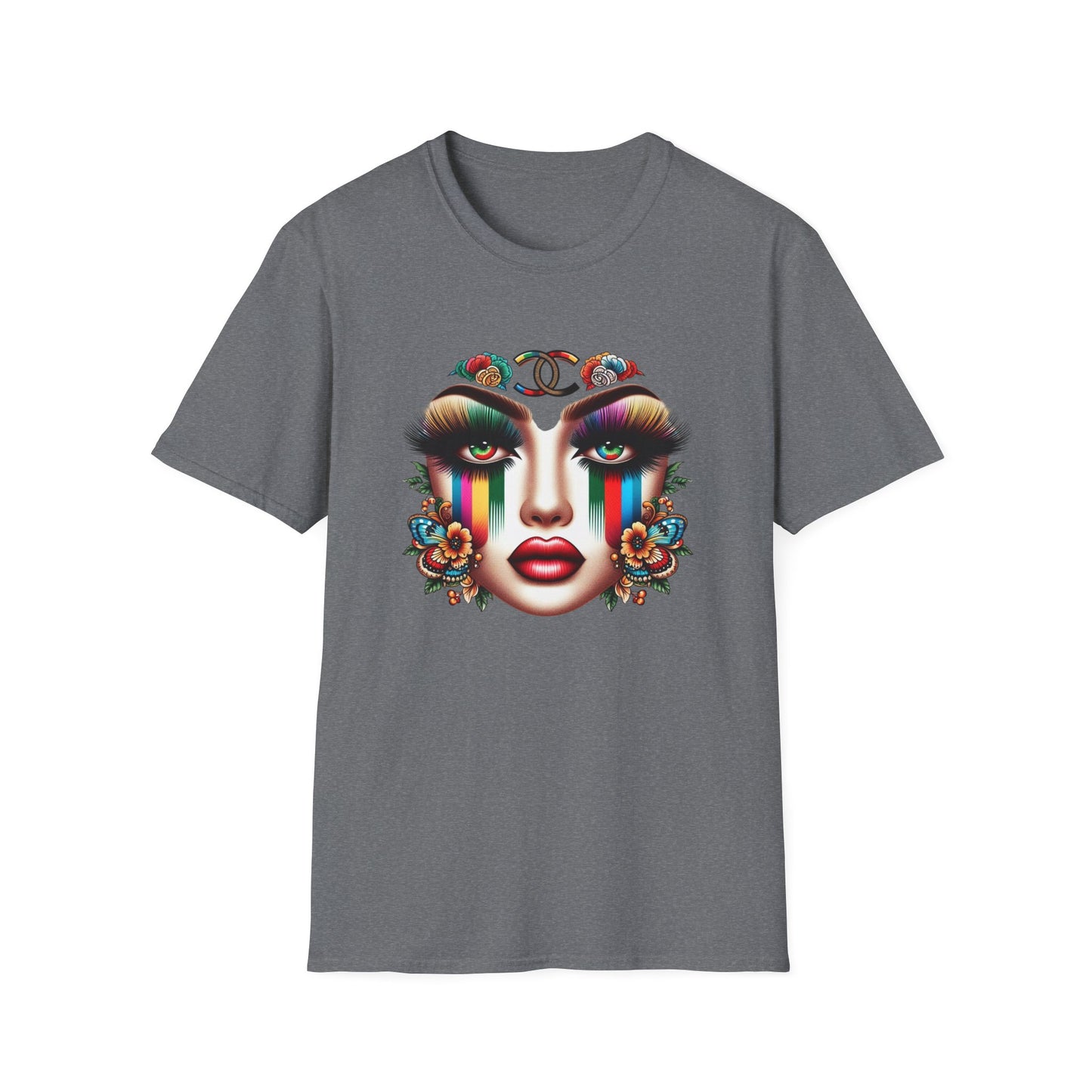 Gucci Inspired Vibrant Art Face Unisex Softstyle T-Shirt - Colorful Floral Design