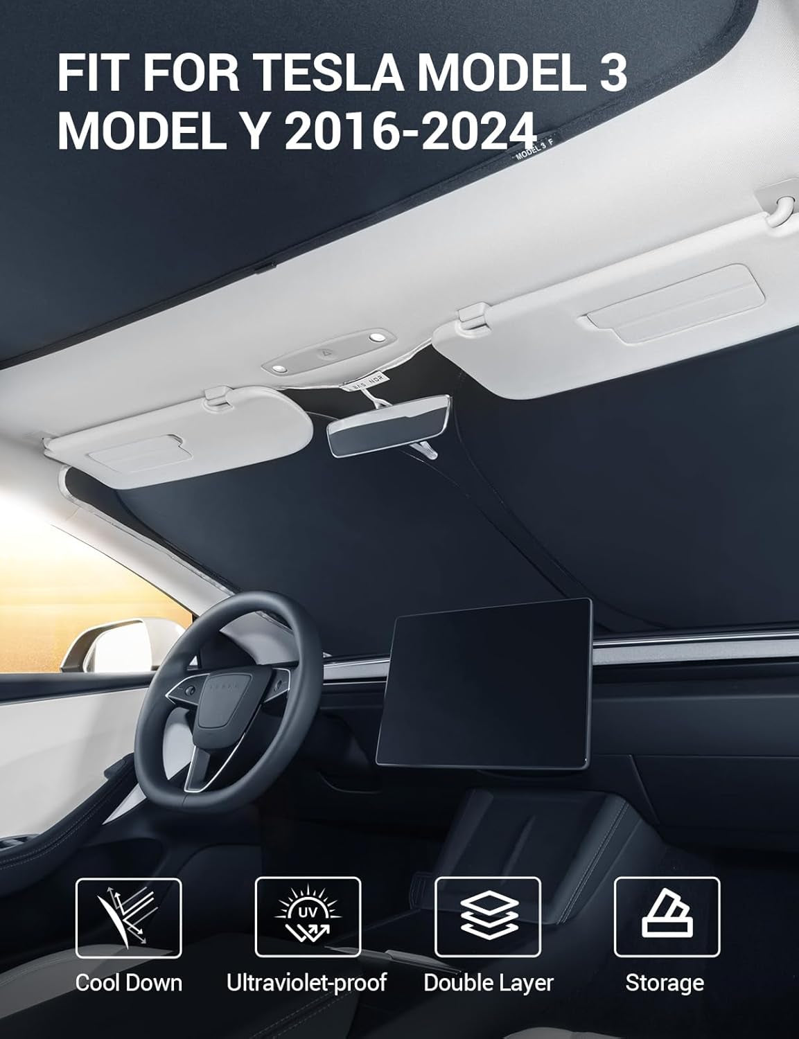Newest for 2016-2024 Tesla Model Y Model 3 Windshield Sunshade Folding Front Window Sun Shade Full Cover, Heat UV Protection Visor Accessories (Fit 2024 Model 3 Highland)