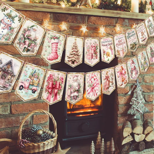 Pink Christmas Decorations Vintage Style Christmas Banner, Traditional Retro Santa Claus Bunting Vintage Merry Christmas Decorations for Indoor Fireplace Home Office Christmas Holiday New Year Party