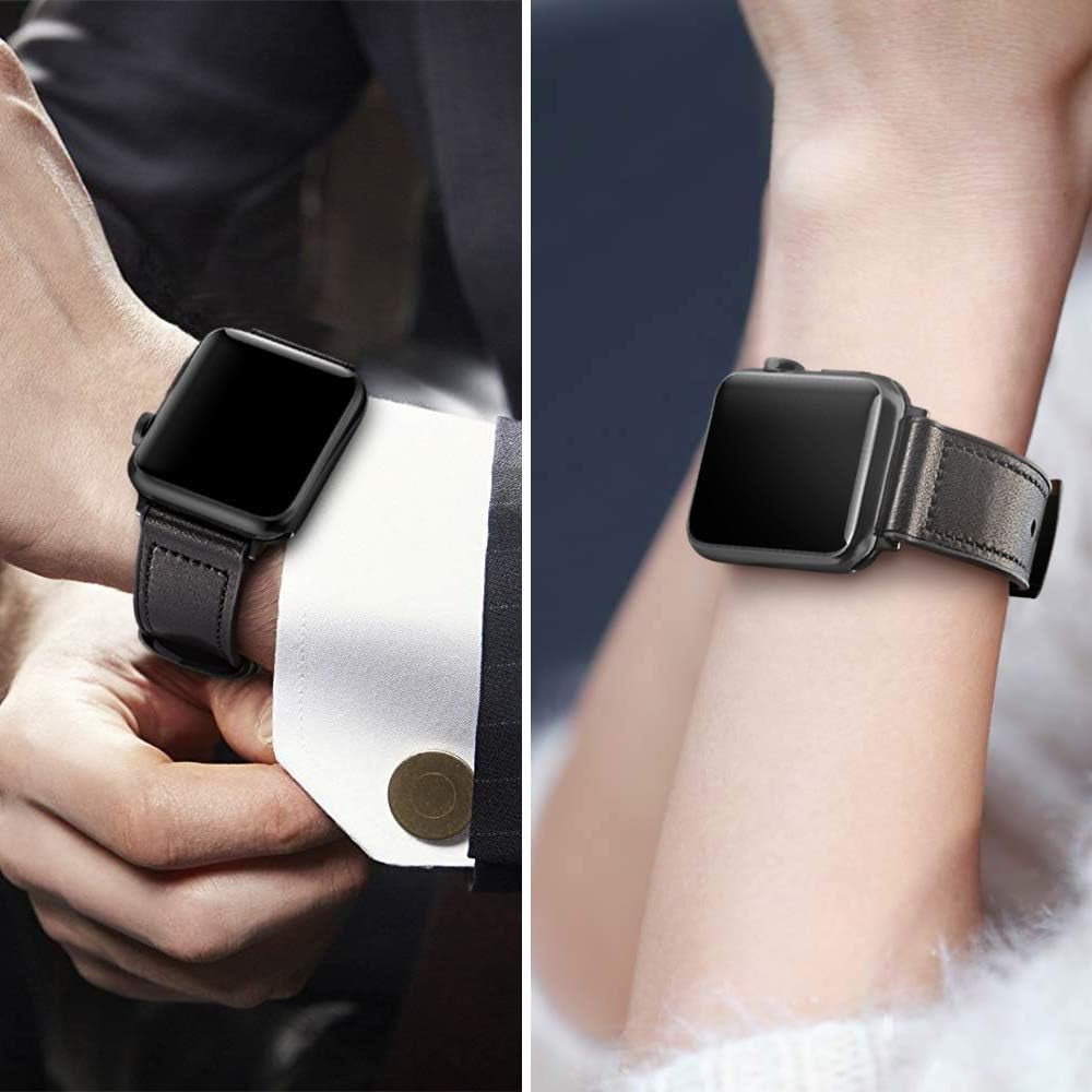 Compatible with Apple Watch Band 41Mm 40Mm 38Mm, Sweatproof Genuine Leather and Rubber Hybrid Band Strap Compatible with Iwatch Series 9 8 7 6 5 4 3 2 1 SE2 SE, Black Band with Black Adapter