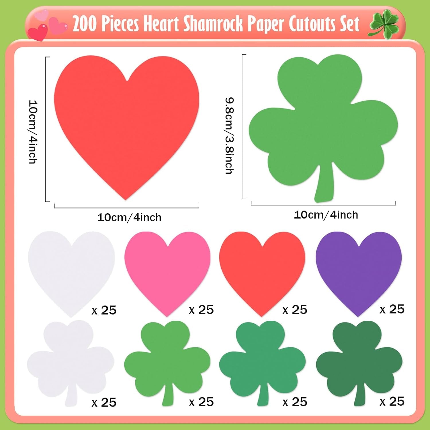 200 Pcs Valentine'S Day Heart Cutouts St. Patrick'S Day Shamrock Cutouts 4 Inch Paper Heart Clover Shapes Die Cuts for Holiday Spring Classroom Bulletin Board Decor School Craft Projects