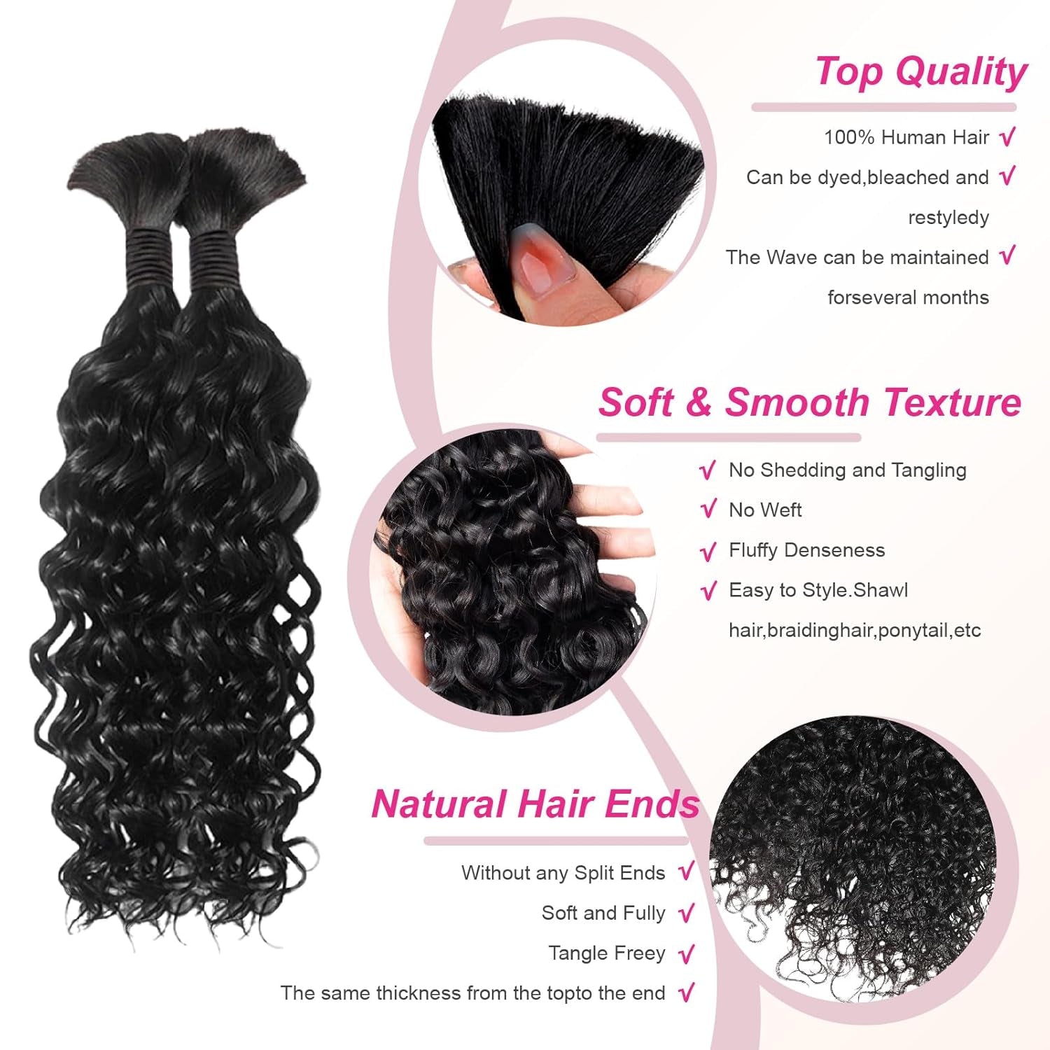 Human Braiding Hair for Boho Braids Human Hair Water Wave 20 Inch 2 Bundles 100G Wet and Wavy Human Hair for Boho Knotless Braids Bulk Boho Human Hair Extensions (Natural Color, 20 Inch)