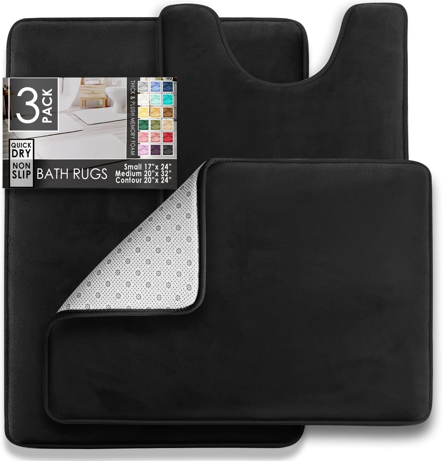 3 Piece Bathroom Rugs Bath Mat Set, Velvet Memory Foam Bath Mats for Bathroom - Non-Slip, PVC Backing Bath Rugs, Washable Bathroom Rug Mats - Dries Quickly, Black Bathroom Rug Set