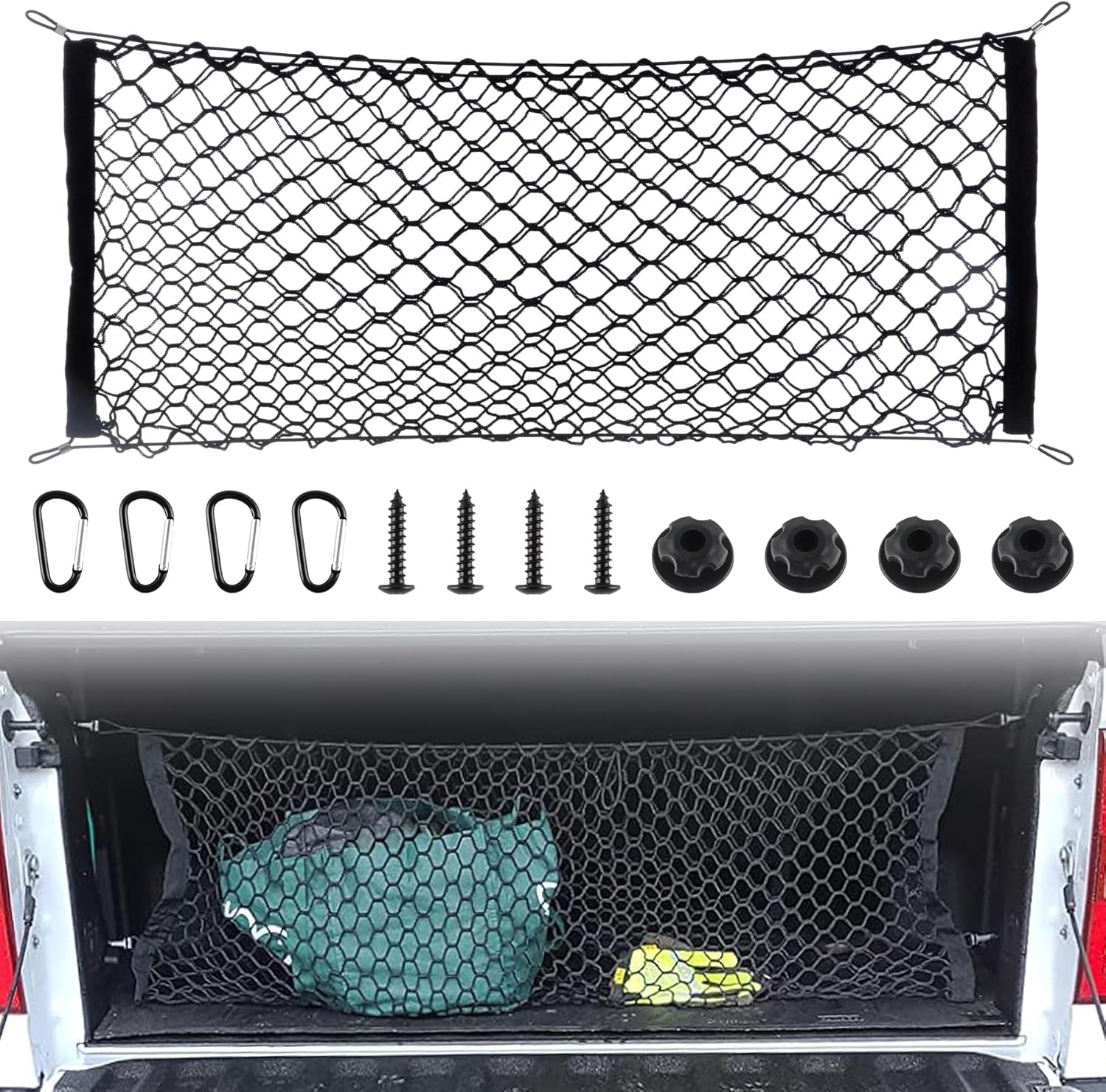 Truck Bed Cargo Net Stretchable, Adjustable Trunk Storage Net with Hook, Accessories for Pickup Bed Divider Organizer and Storage, Compatible with Chevy Silverado Ford F150 GMC (50"X 18")