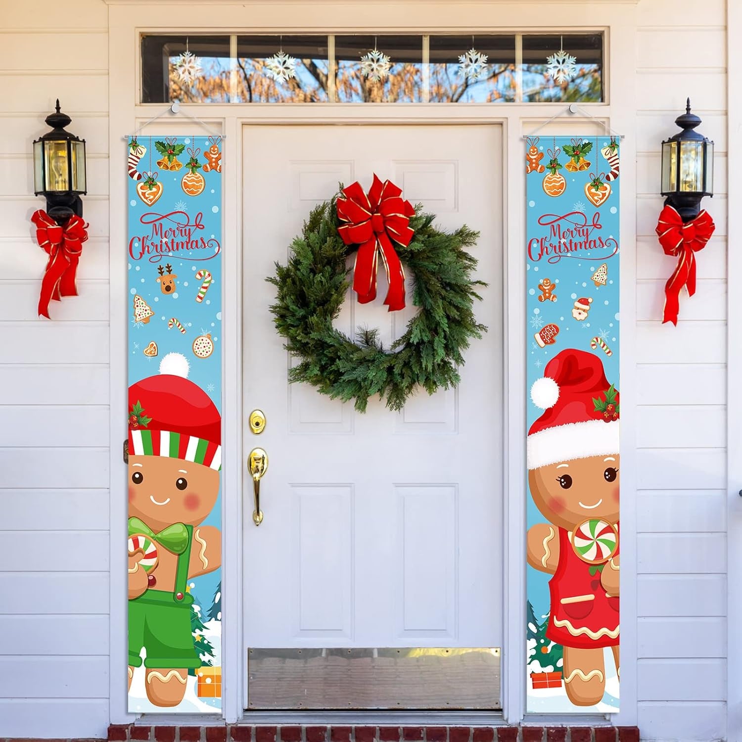 2 Pcs Christmas Porch Sign Gingerbread Door Sign Banner Christmas Hanging Door Banner for outside Indoor Outdoor Home Front Porch Holiday Xmas Decorations Gingerbread Party Supplies