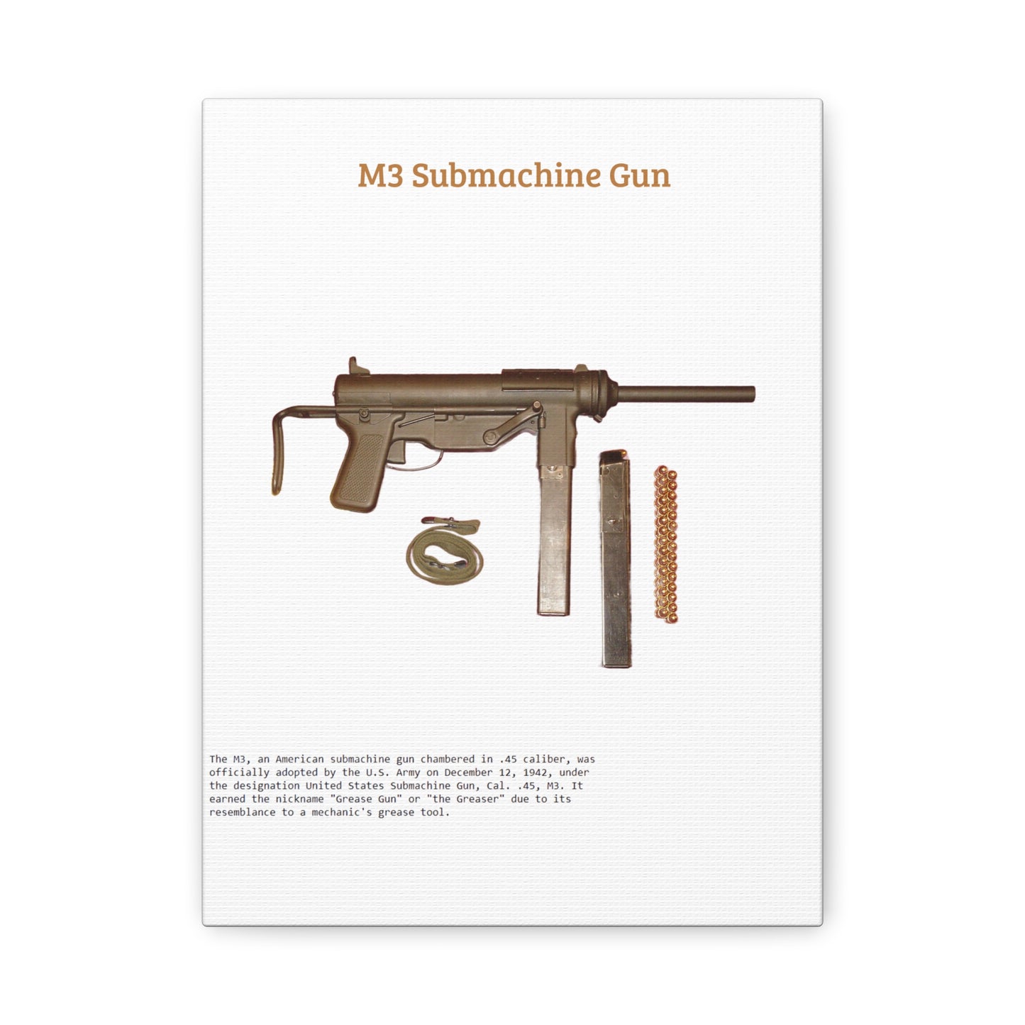 Grease Gun M3 submachine gun Matte Canvas, Stretched, 1.25"