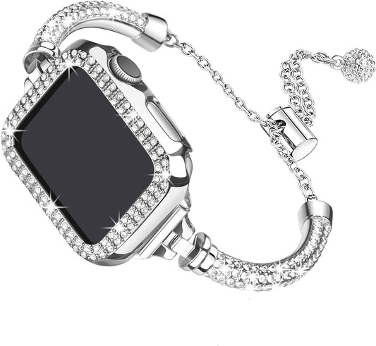 Bling Band and Case Compatible with Apple Watch Band 38Mm 40Mm 41Mm 42Mm 44Mm 45Mm, Women Dressy Metal Bracelet with Rhinestone Bumper for Iwatch Series 9/8/7/SE/6/5/4/3/2/1