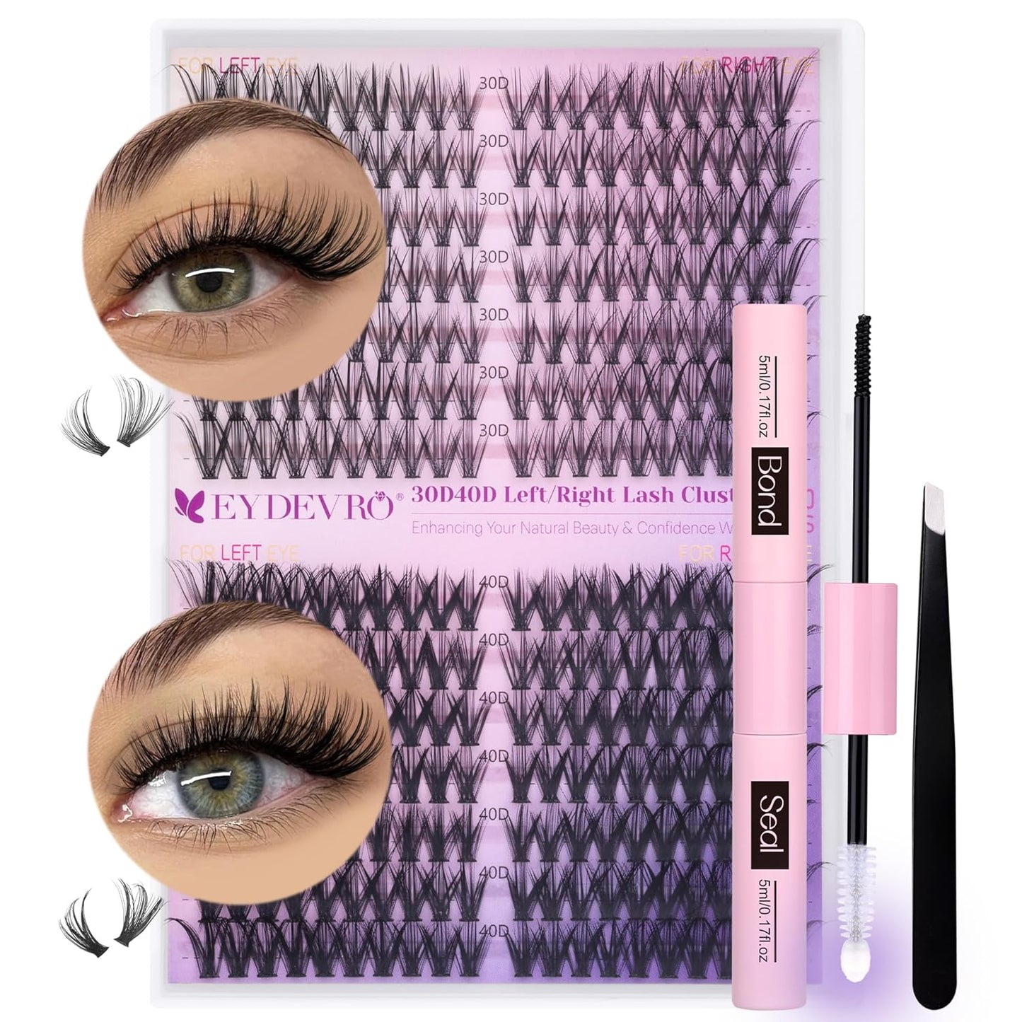 Fluffy Lash Clusters Kit 80D100D Volume Lash Extension Kit 280 Pcs Left/Right Cluster Eyelash Extension Kit D Curl Thick Mega Lash Clusters with Waterproof Lash Bond and Seal and Lash Tweezers