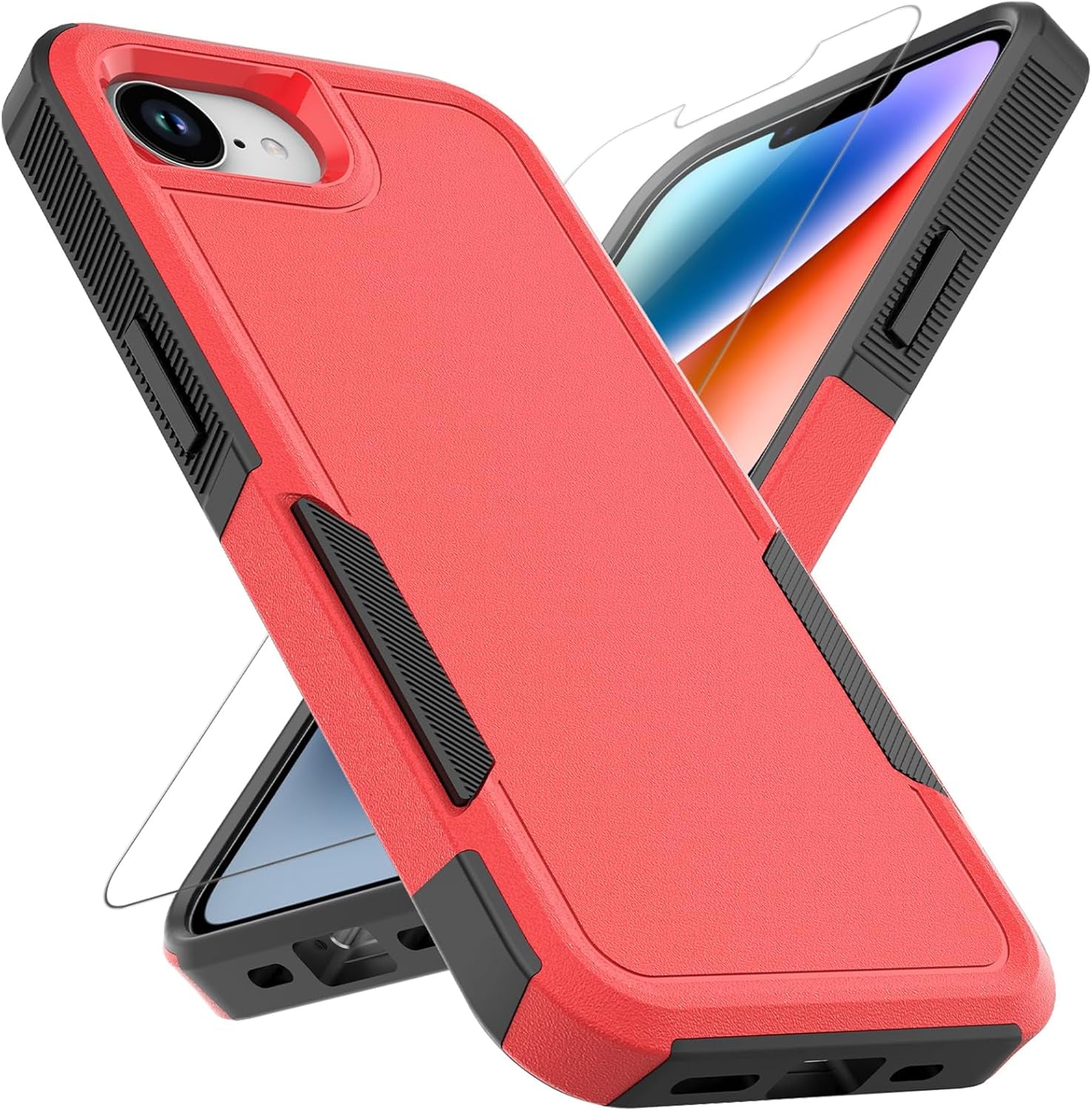 Iphone 16E Case: Dual Layer Protective Heavy Duty Cell Phone Cover Shockproof Rugged with HD Screen Protector - Military Protection Bumper Tough - Apple Iphone 16E / SE 2025 / SE4, Red