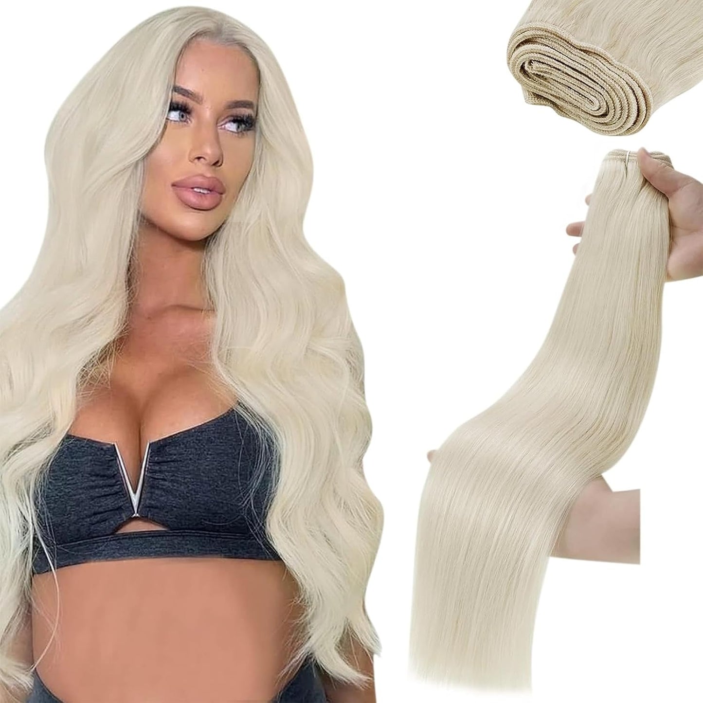 Sew in Hair Extensions Real Human Hair 24 Inch 120G Blonde Weft Hair Extensions Platinum Blonde Hand Tied Human Hair Extensions Sew in Weft Hair Extensions for Women #60