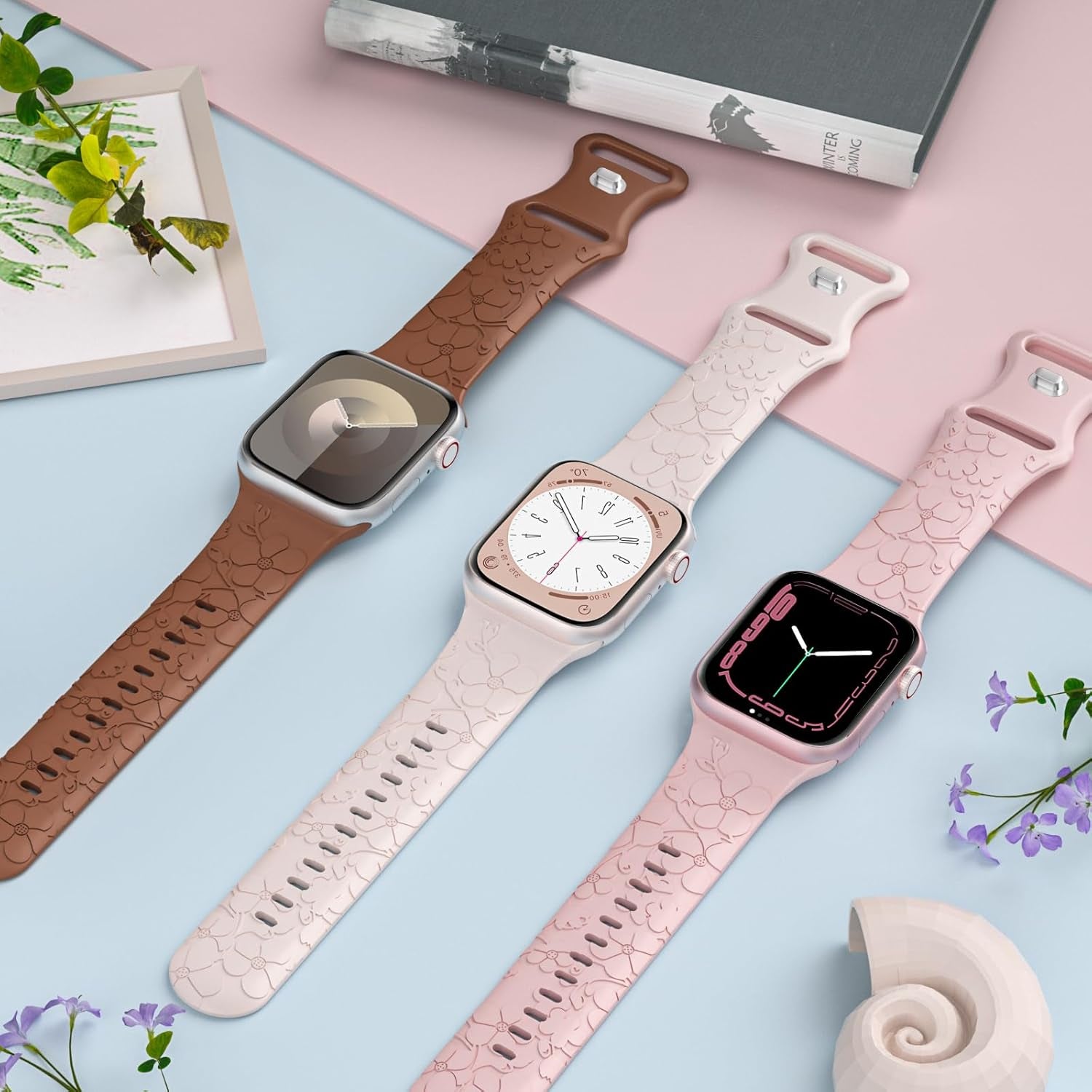 Floral Engraved Band for Apple Watch Band 38Mm 40Mm 41Mm 42Mm 44Mm 45Mm 49Mm Women,Soft Silicone Cute Embossed Flowers Bands for Iwatch Series 9/8/7/SE/6/5/4/3/2/1/ Ultra