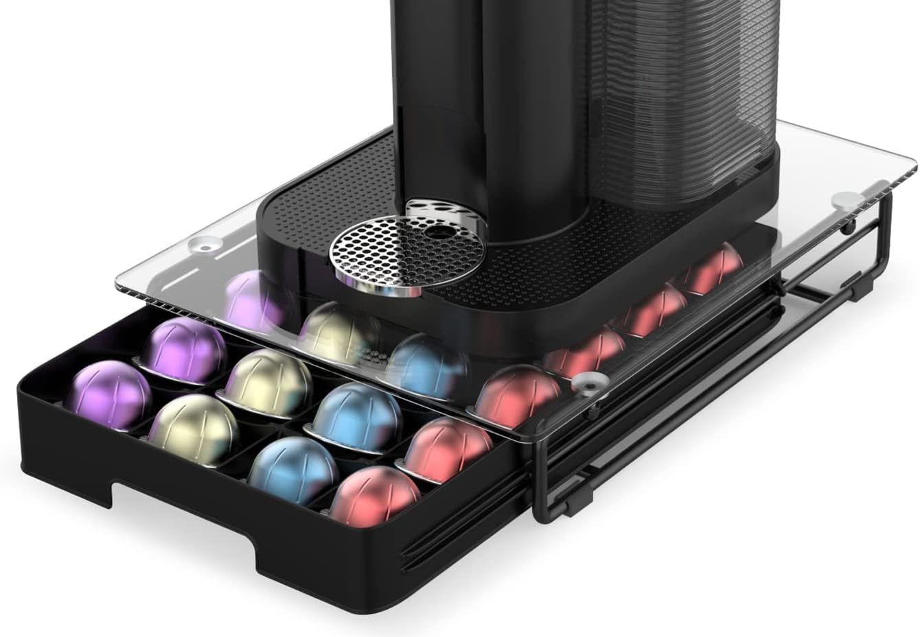Crystal Tempered Glass Organizer Drawer Holder Compatible with Nespresso Vertuo Capsules, Compatible with 40 Big or 52 Small Vertuoline Pods, 12'' Wide by 15.6'' Deep by 3.5'' High