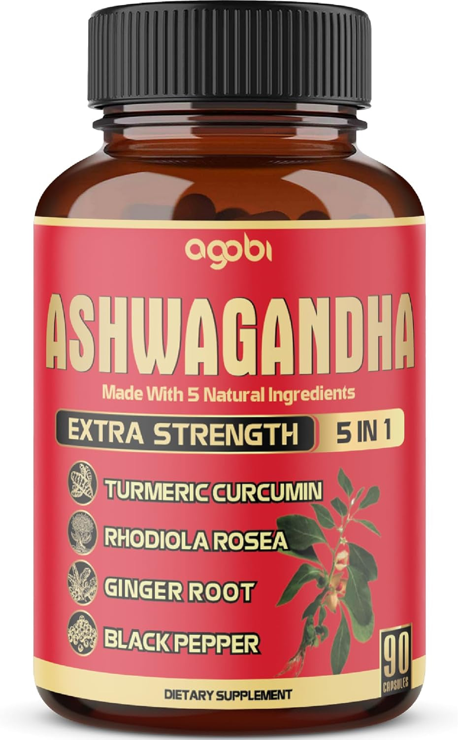 5In1 Premium Ashwagandha Capsules - Added Turmeric, Rhodiola Rosea, Ginger, Black Pepper - Strength, Spirit & Immune Support - 180 Caps for 6 Months TLBH