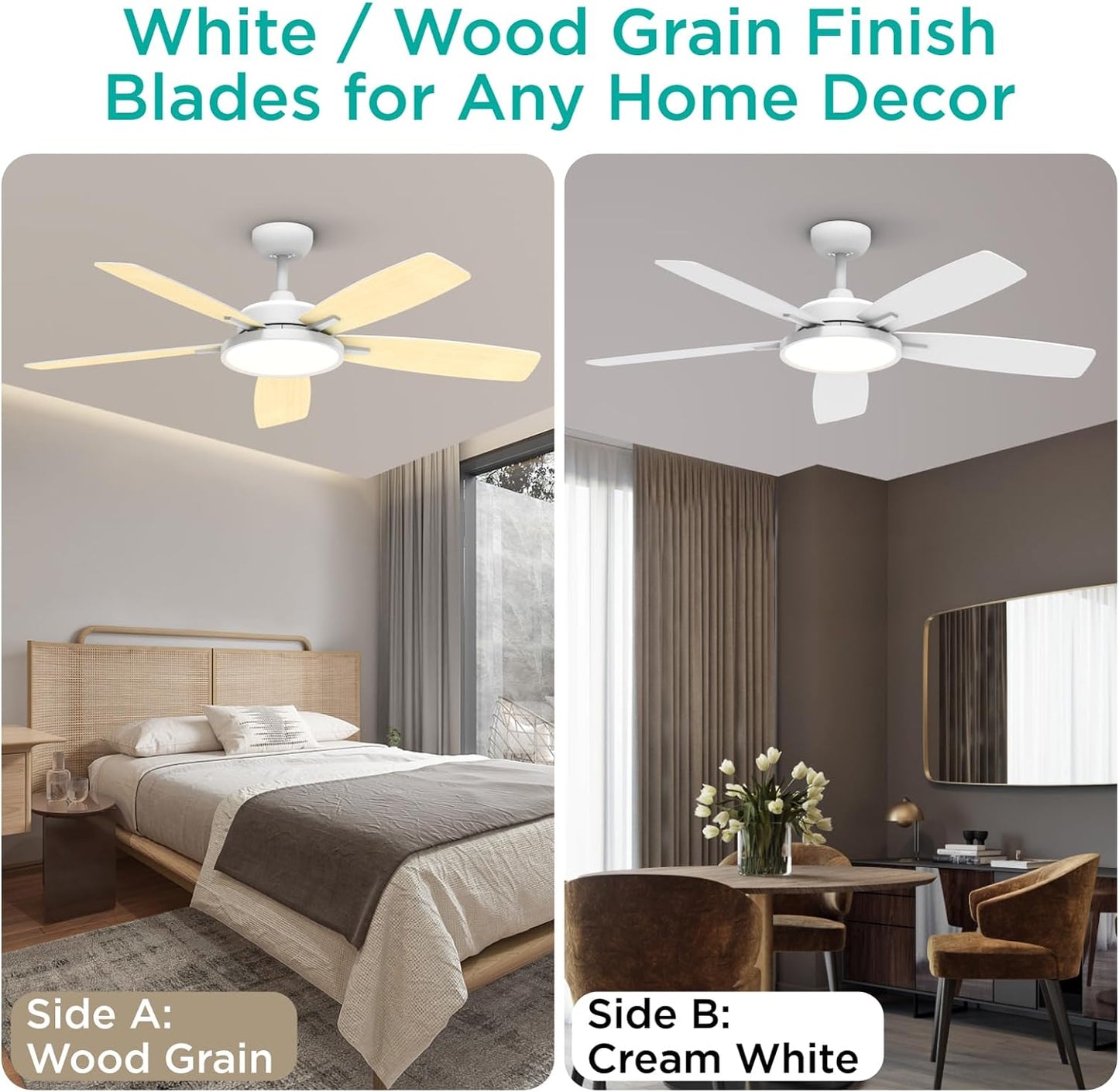 Ceiling Fans with Lights,Ultra Silent 52 Inch Smart Ceiling Fans with Dimmable LED Light Compatible with Google Home Alexa App Control(White