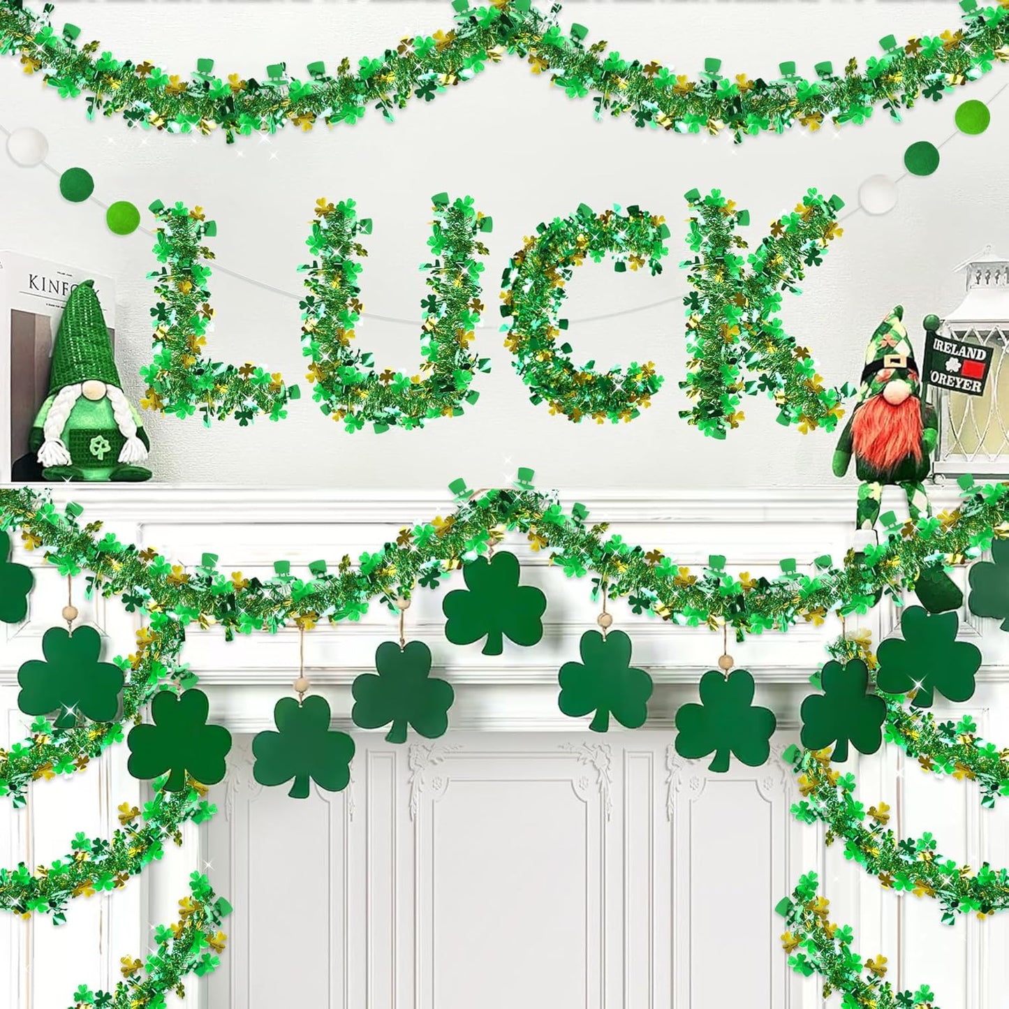 33 FT St Patricks Day Garland Decor Gold Green Shamrock Hat Tinsel Garland, Shiny Metallic Streamer Twist Garland Hanging St Patricks Day Decorations for Home Indoor Outdoor Irish Party Supplies
