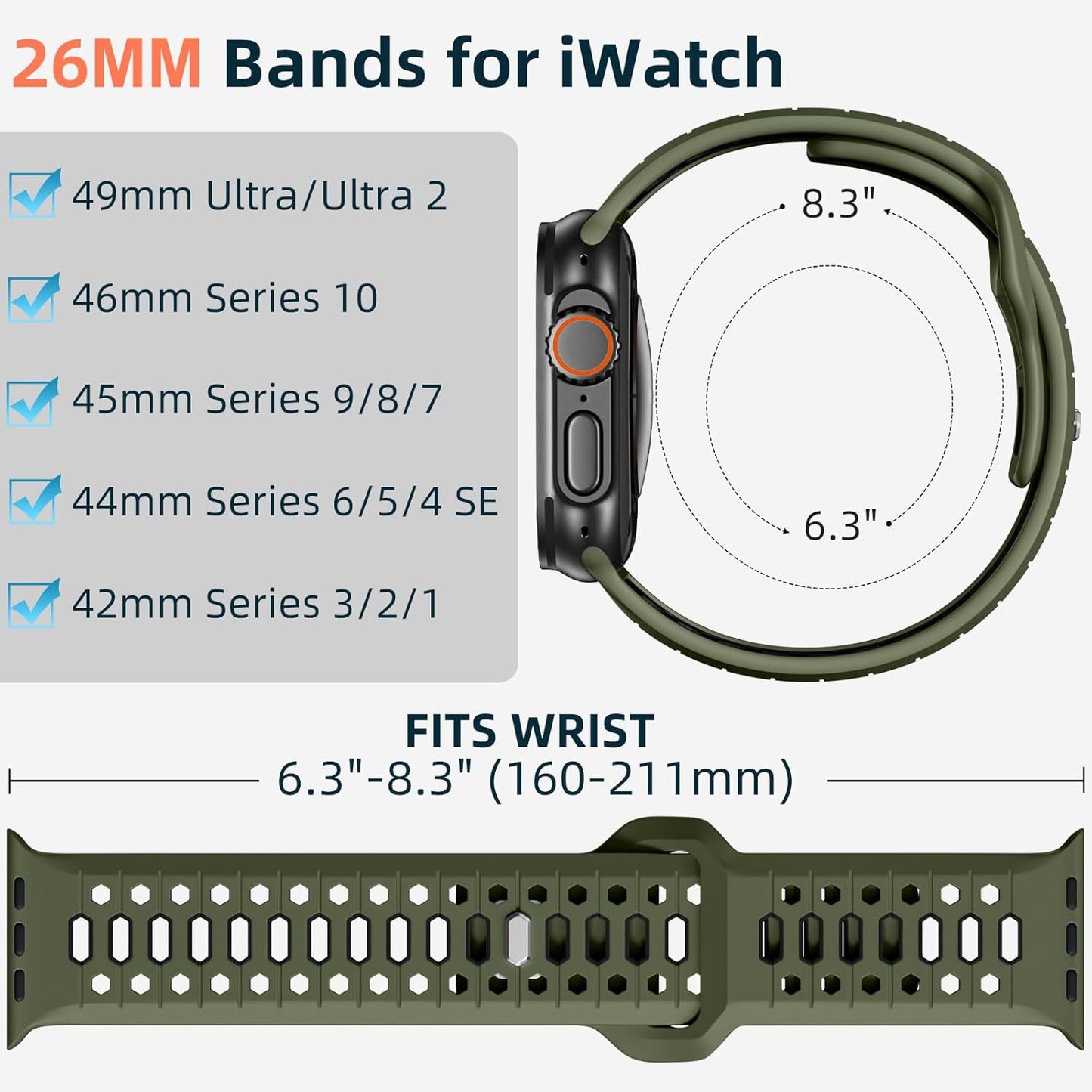 26MM Sport Band Compatible with Apple Watch Ultra 2 & Ultra Band 49Mm 46Mm 45Mm 44Mm 42Mm Men, Honeycomb Breathable Silicone Waterproof Strap for Iwatch Apple Watch Series 10 9 8 7 6 5 4 3 SE