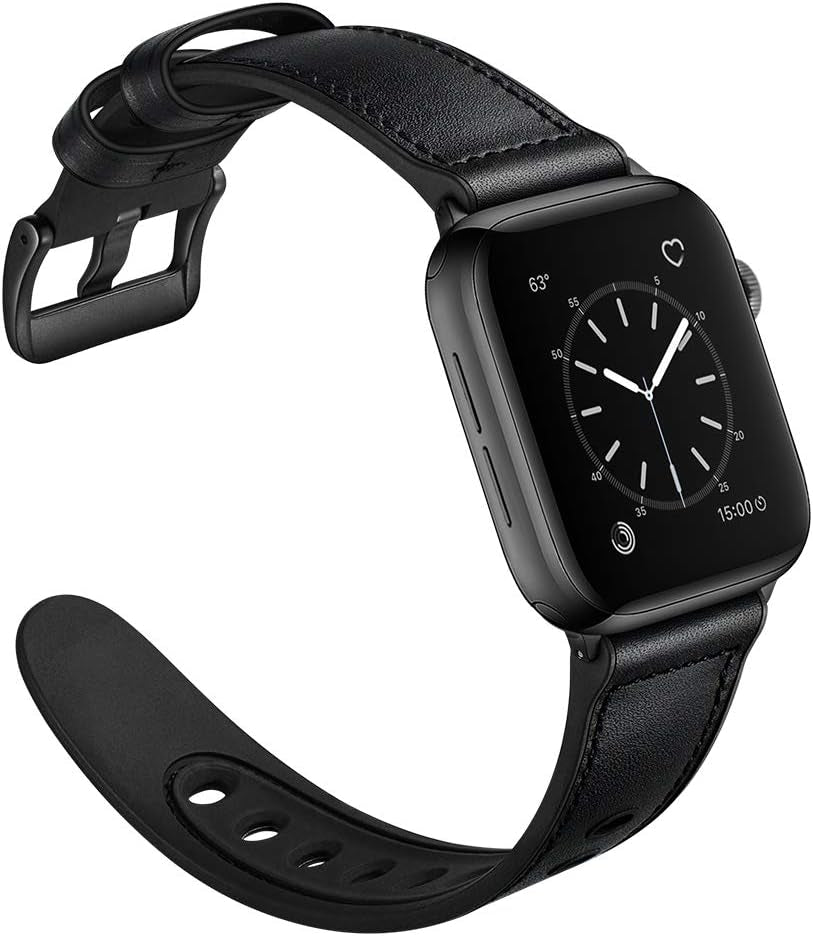 Compatible with Apple Watch Band 41Mm 40Mm 38Mm, Sweatproof Genuine Leather and Rubber Hybrid Band Strap Compatible with Iwatch Series 9 8 7 6 5 4 3 2 1 SE, Black Band with Black Adapter 2.0