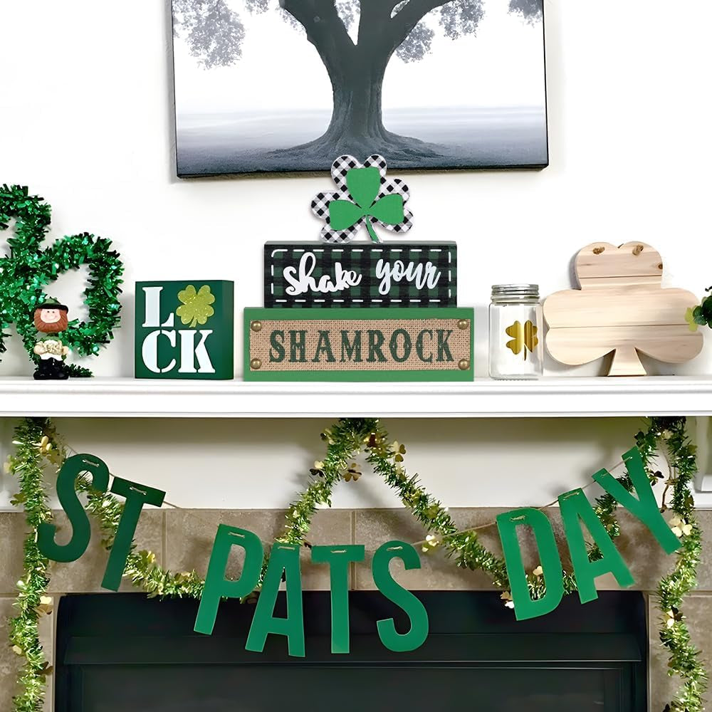 St Patricks Day Decorations,  3-Layered Shamrock Wood Block St Patricks Day Decor, Shamrock Ornaments Shake Your SHAMROCK Sign Saint Patricks Day Decorations for the Home, Table, Mantel