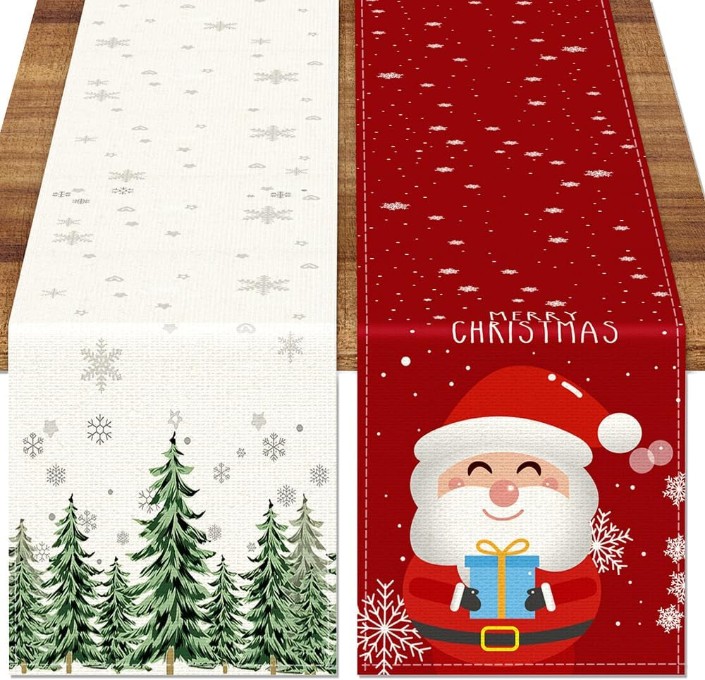 Set of 2 Christmas Table Runner, Including Linen Christmas Trees Table Runner, Merry Christmas Santa Claus Table Runner for Xmas Holiday Seasonal Winter Decoration Indoor Party Wedding 90In