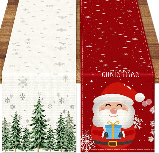 Set of 2 Christmas Table Runner, Including Linen Christmas Trees Table Runner, Merry Christmas Santa Claus Table Runner for Xmas Holiday Seasonal Winter Decoration Indoor Party Wedding 90In