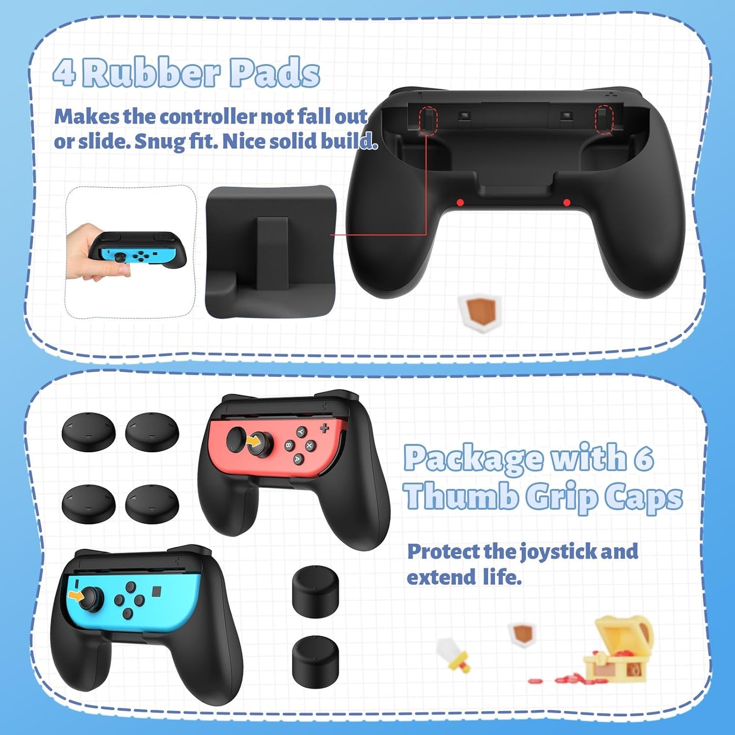 Grips for Nintendo Switch Joy-Con, Wear-Resistant Handle Kit for Switch Joy Cons Controller, 2 Pack (Black)