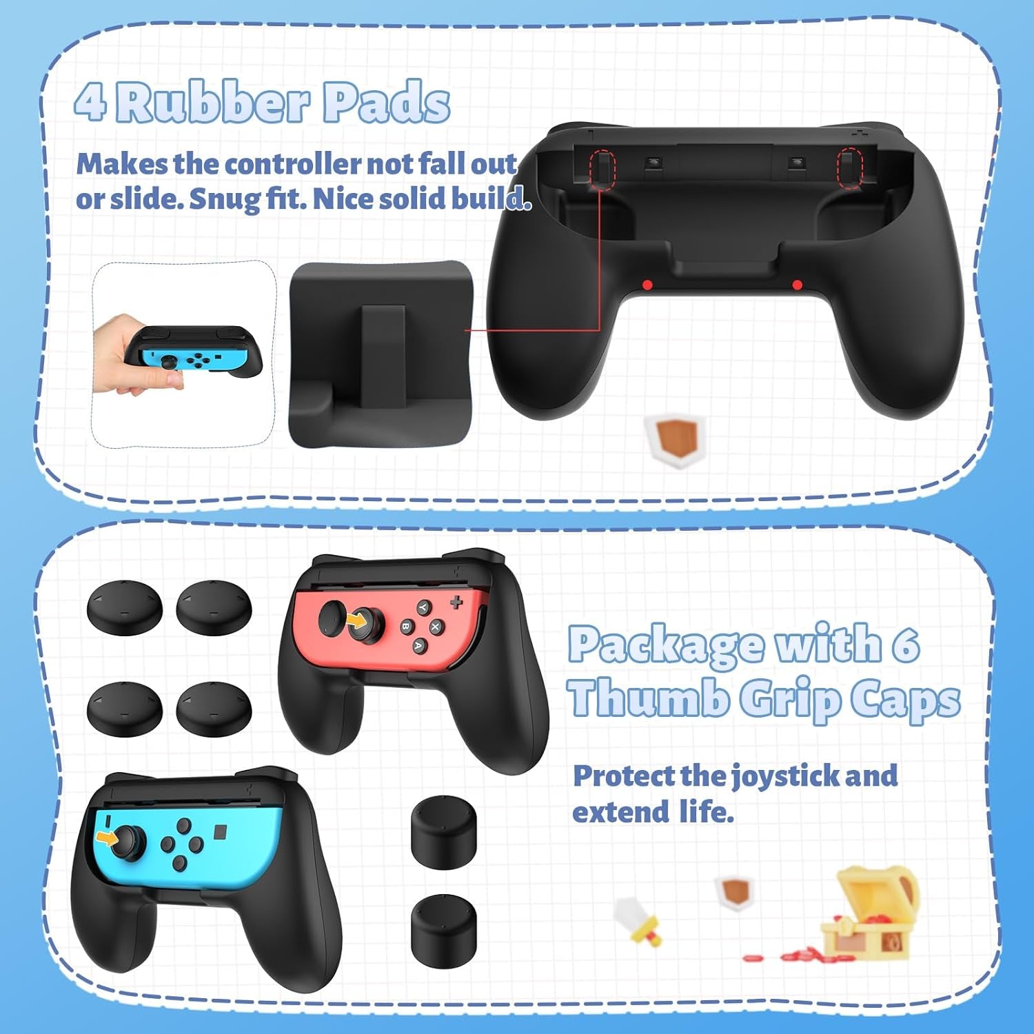Grips for Nintendo Switch Joy-Con, Wear-Resistant Handle Kit for Switch Joy Cons Controller, 2 Pack (Black)