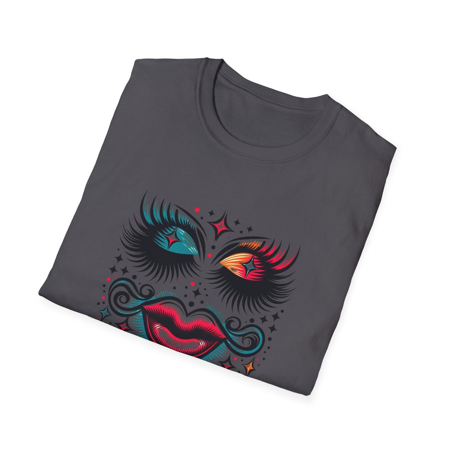 LASHES Vibrant Face Graphic T-Shirt - Unisex Softstyle Tee for Festivals & Celebrations