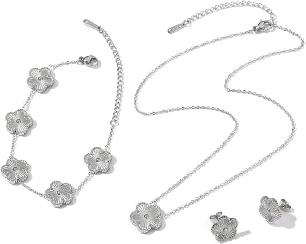 Clover Jewelry Set 18K Gold Plated Stainless Steel Necklace with Flower Design Four Leaf Clover for Women, Elegant Four Leaf Clover Necklace Floral Style Jewelry