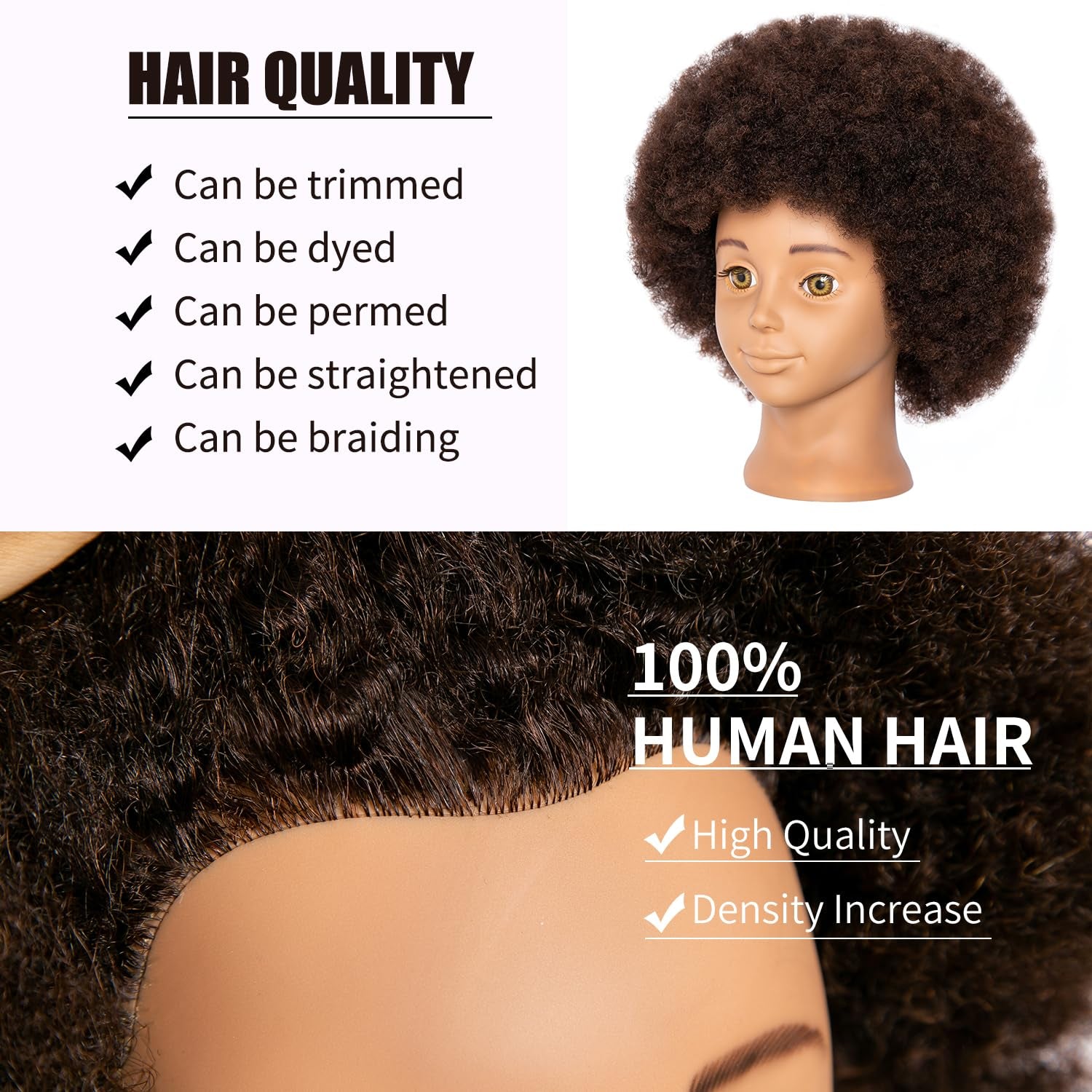 Mannequin Head Human Hair African Mannequin Head with 100% Human Hair Manikin Doll Head for Hair Styling with Cute Appearance and Embed Curly Cosmetology Manican Mannequins Heads with Stand