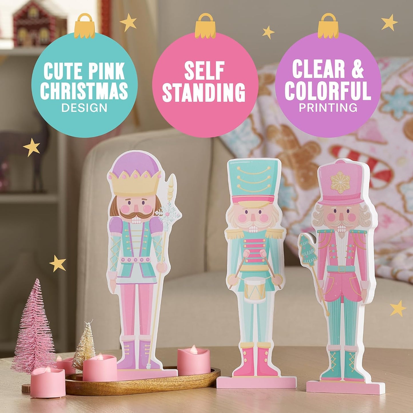 Pink Nutcracker Figurines - Pink Christmas Decor for Fireplace Mantel, Tiered Trays, Dining Table, Shelf Decoration - 10" Height