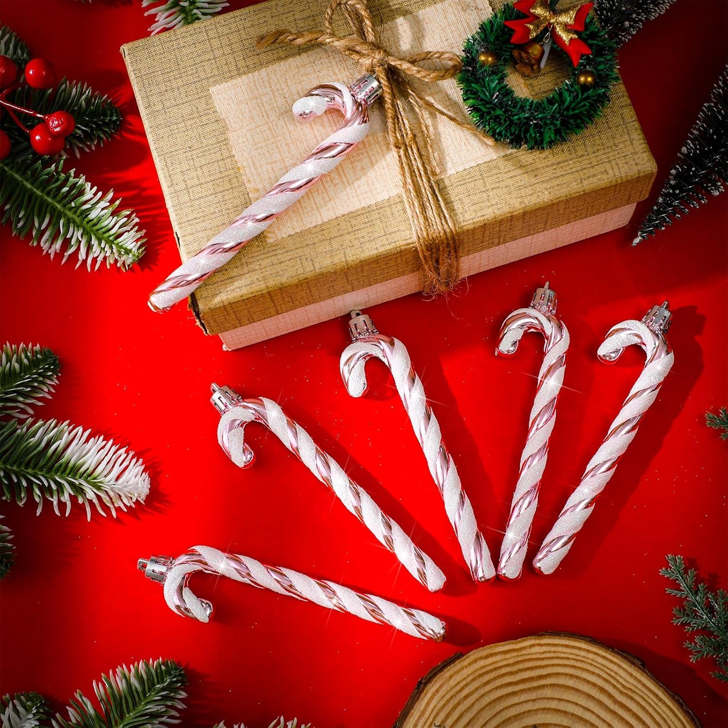 Christmas Candy Canes Ornaments Plastic Glitter Candy Cane Christmas Tree Hanging Decorations for Holiday Party Favors (Pink and White,36Pcs)