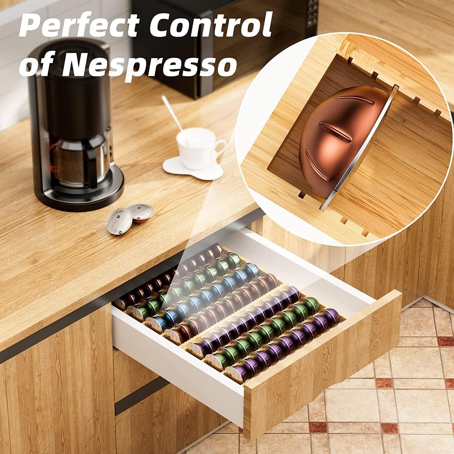 Bamboo Coffee Pod Storage Holder Drawer Insert for Counter Compatible Nespresso Vertuo Vertuoline Capsules for Kitchen, Home, Office, Coffee Station
