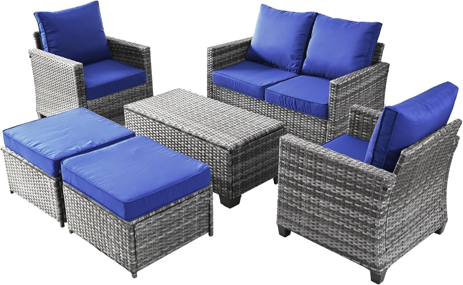 7 Piece Outdoor Furniture Set, PE Rattan Patio Conversation Set, Outdoor Sectional Furniture Sofa Set with Thick Cushions and Coffee Table, Navy Blue