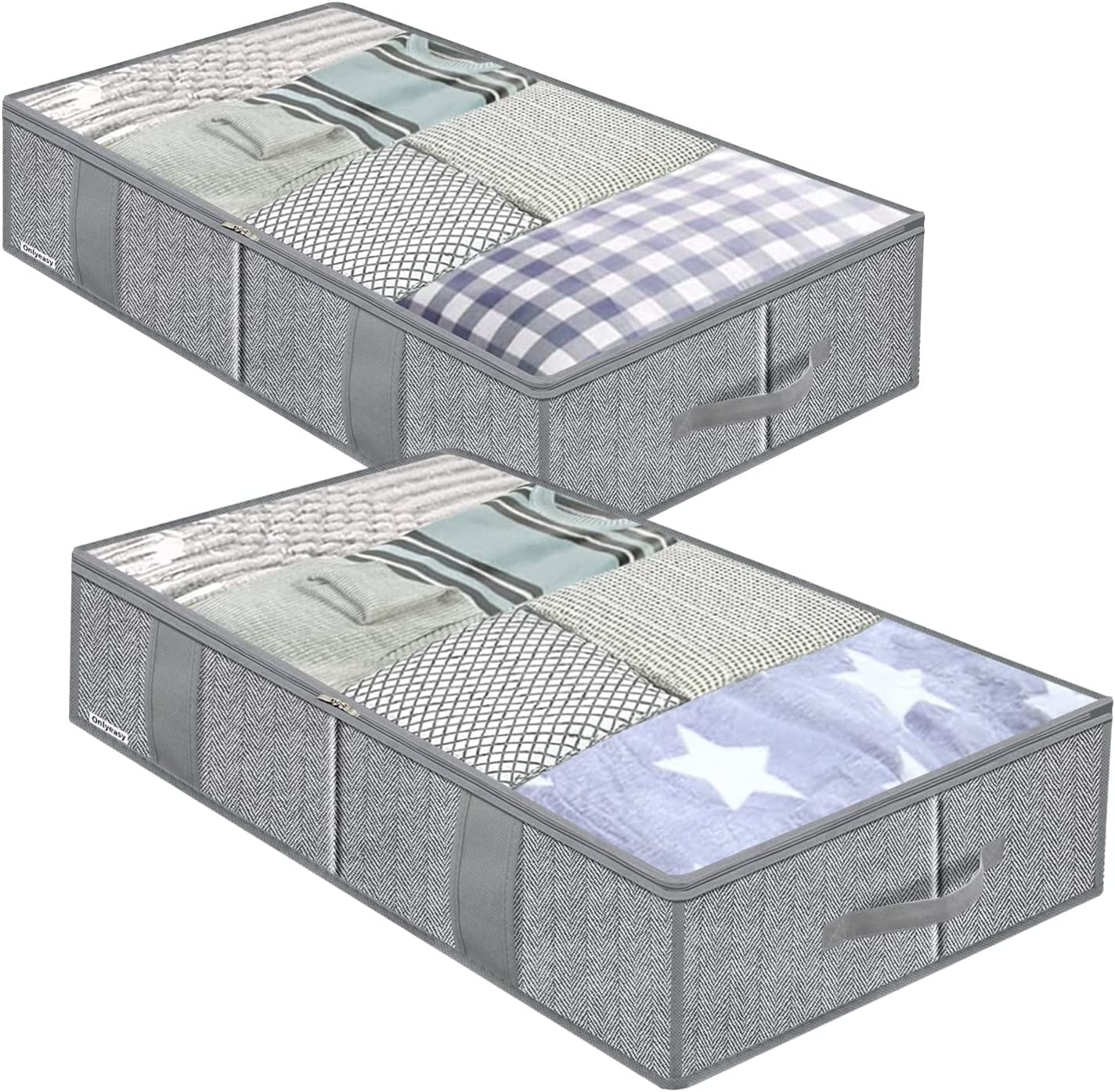 Foldable Underbed Bags 2 Pack - Blankets Clothes Comforters Storage Bag Breathable Zippered Organizer for Bedroom with Clear Window and 4 Handles, 39.4X19.7X5.9 In, Linen-Like Grey, MXDUBBP2