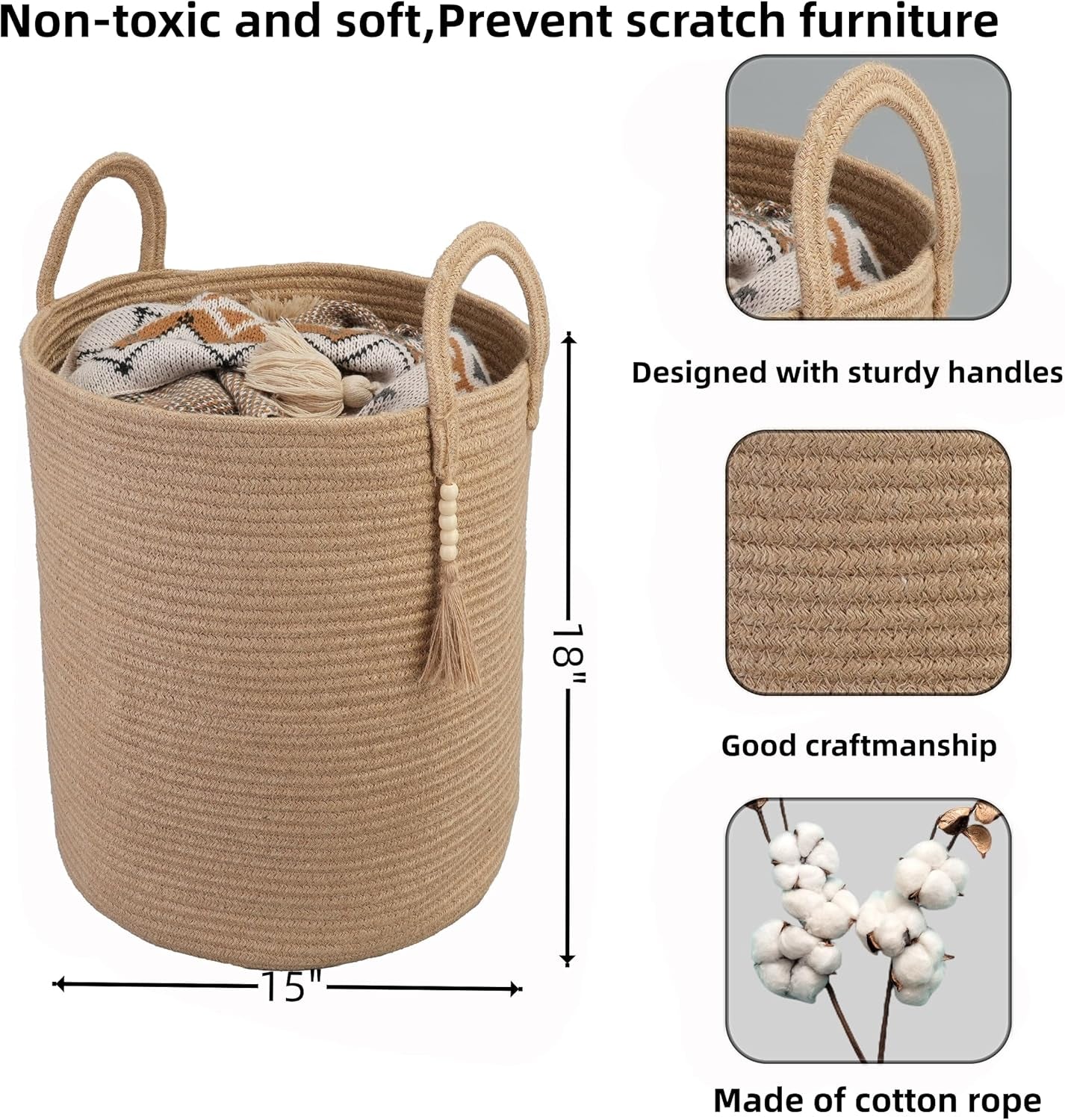 Rope Laundry Basket Laundry Hamper for Clothes Woven Storage Basket for Living Room Bedroom Boho Tall Rope Baskets for Blanket Toys Pillow Towels Baby Nursery Hamper Bin Jute