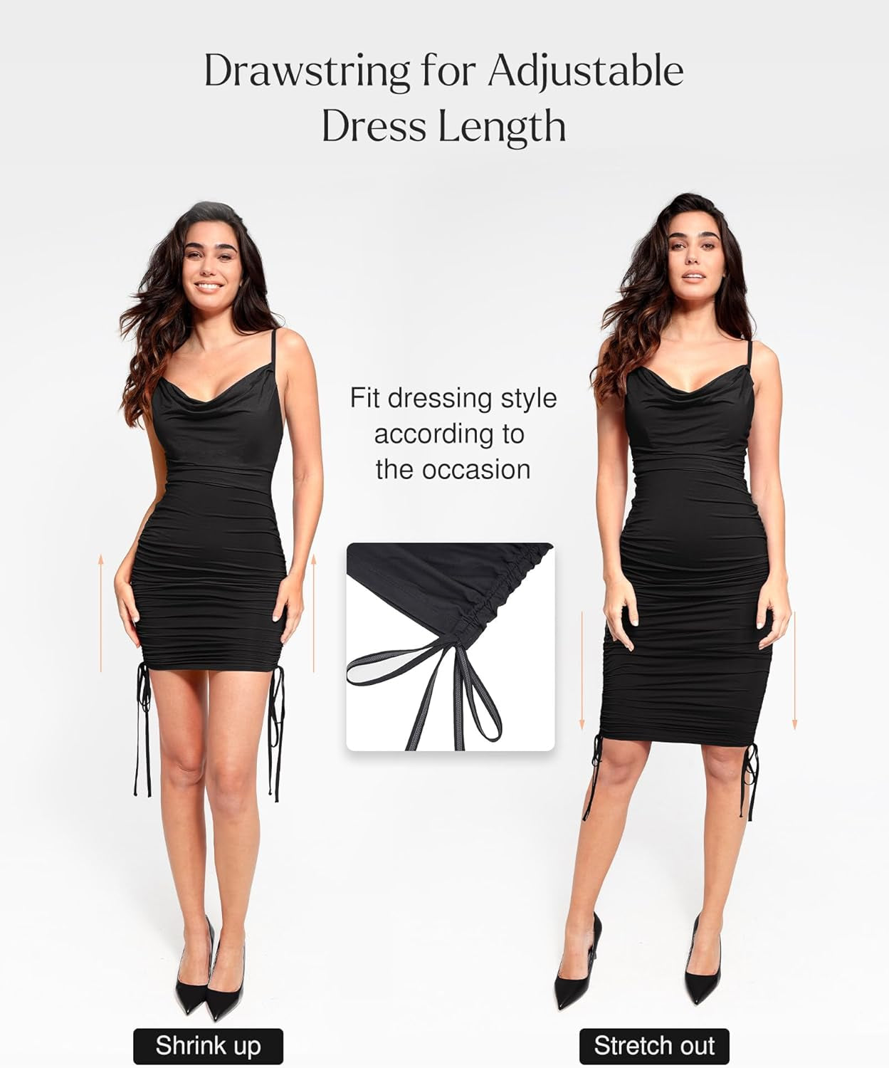 Shapewear Dress Mini Dress Tummy Control Drawstring Adjustable Dress Ruched Bodycon Dress for Women