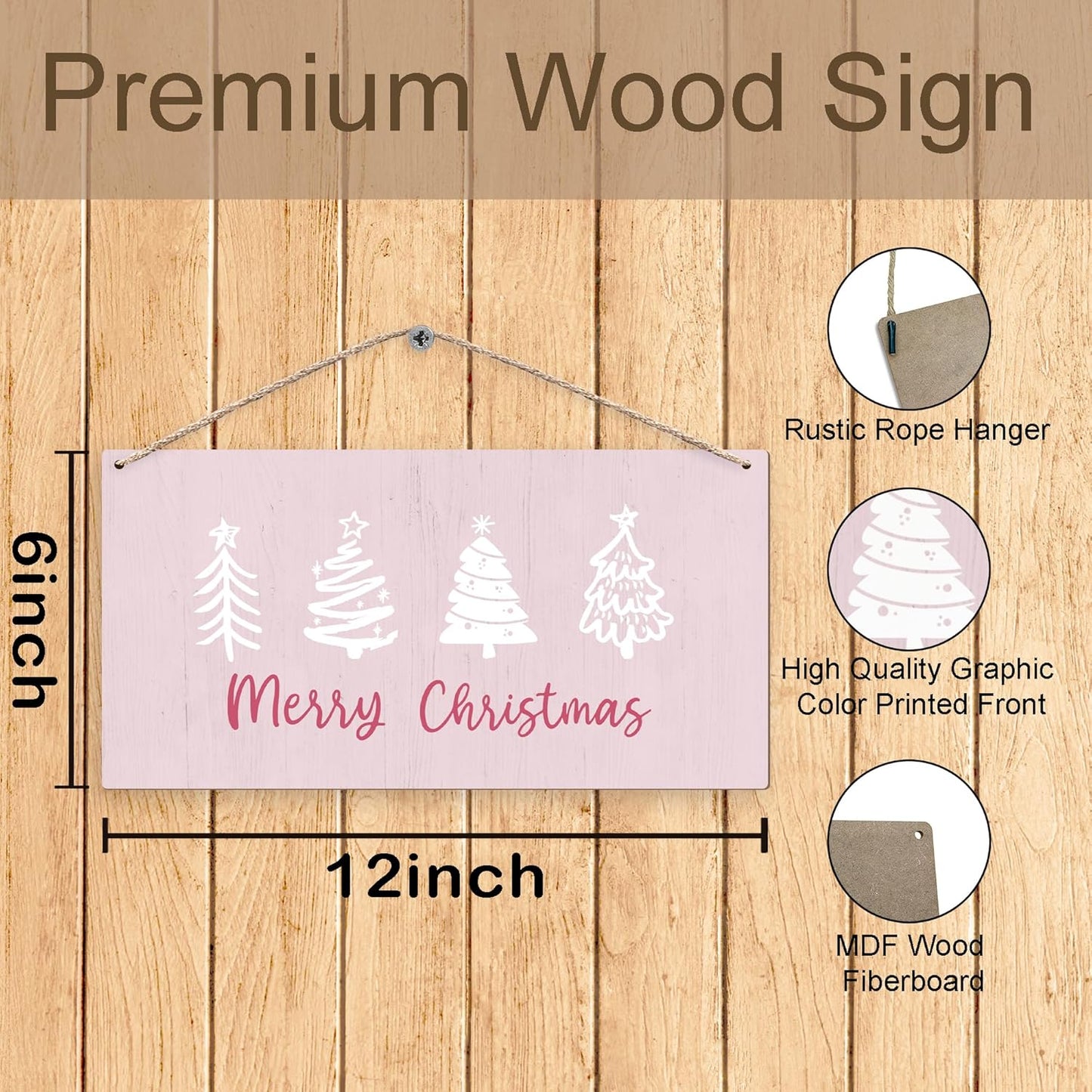 Pink Christmas Trees Hanging Wooden Signs 12X6, Merry Christmas Signs, Christmas Door Sign, Pink Christmas Decorations, Christams Trees Signs for Home Room Office Hanging Wall Decor